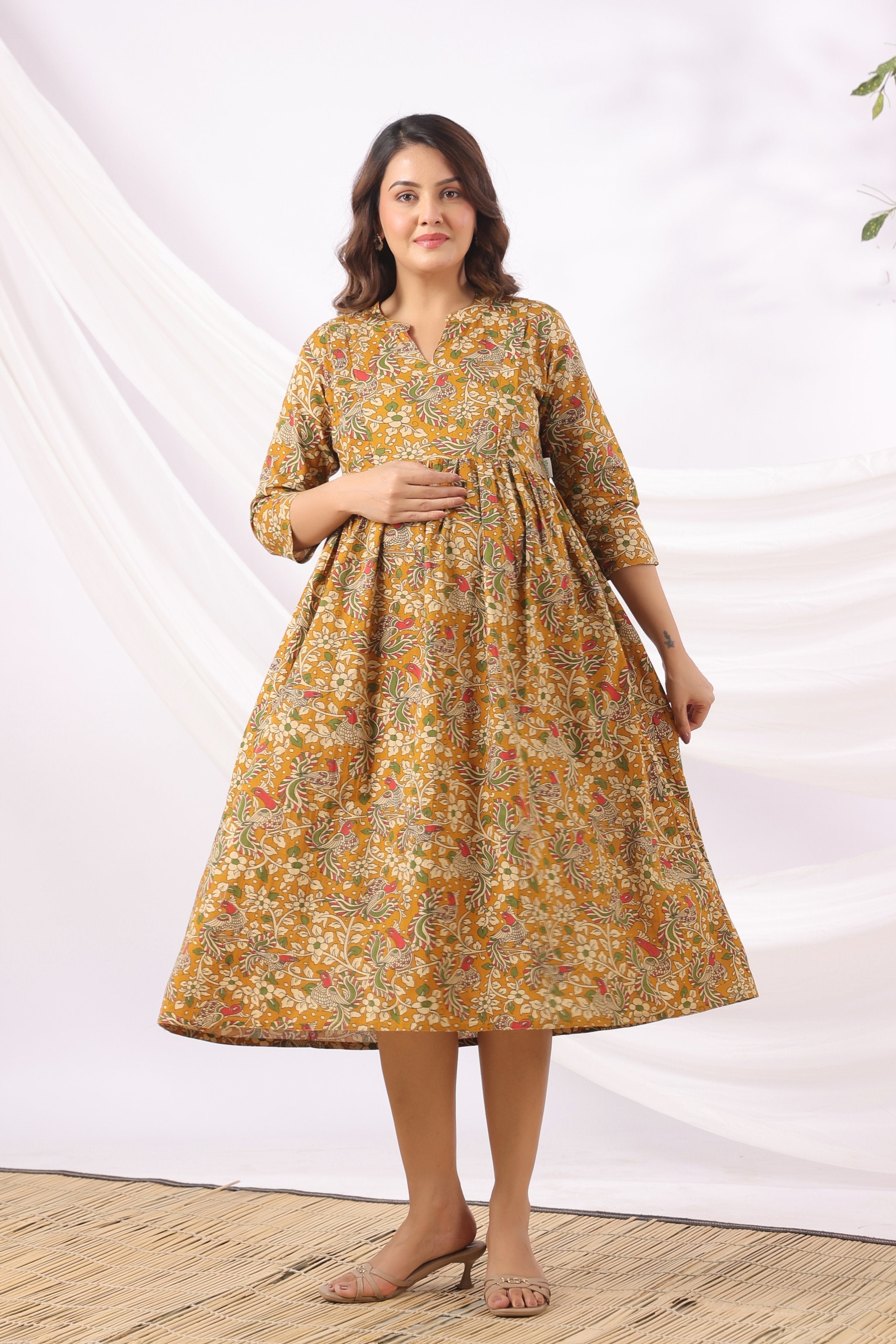 Mustard Kalamkari Bird Paradise Cotton Maternity - Nursing Dress