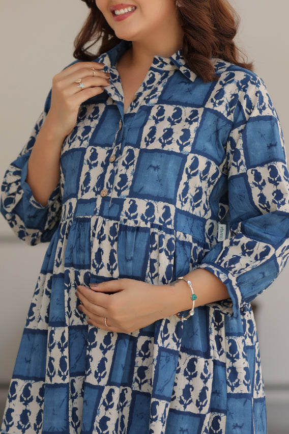 Indigo Jharokha Cotton Maternity - Nursing Dress