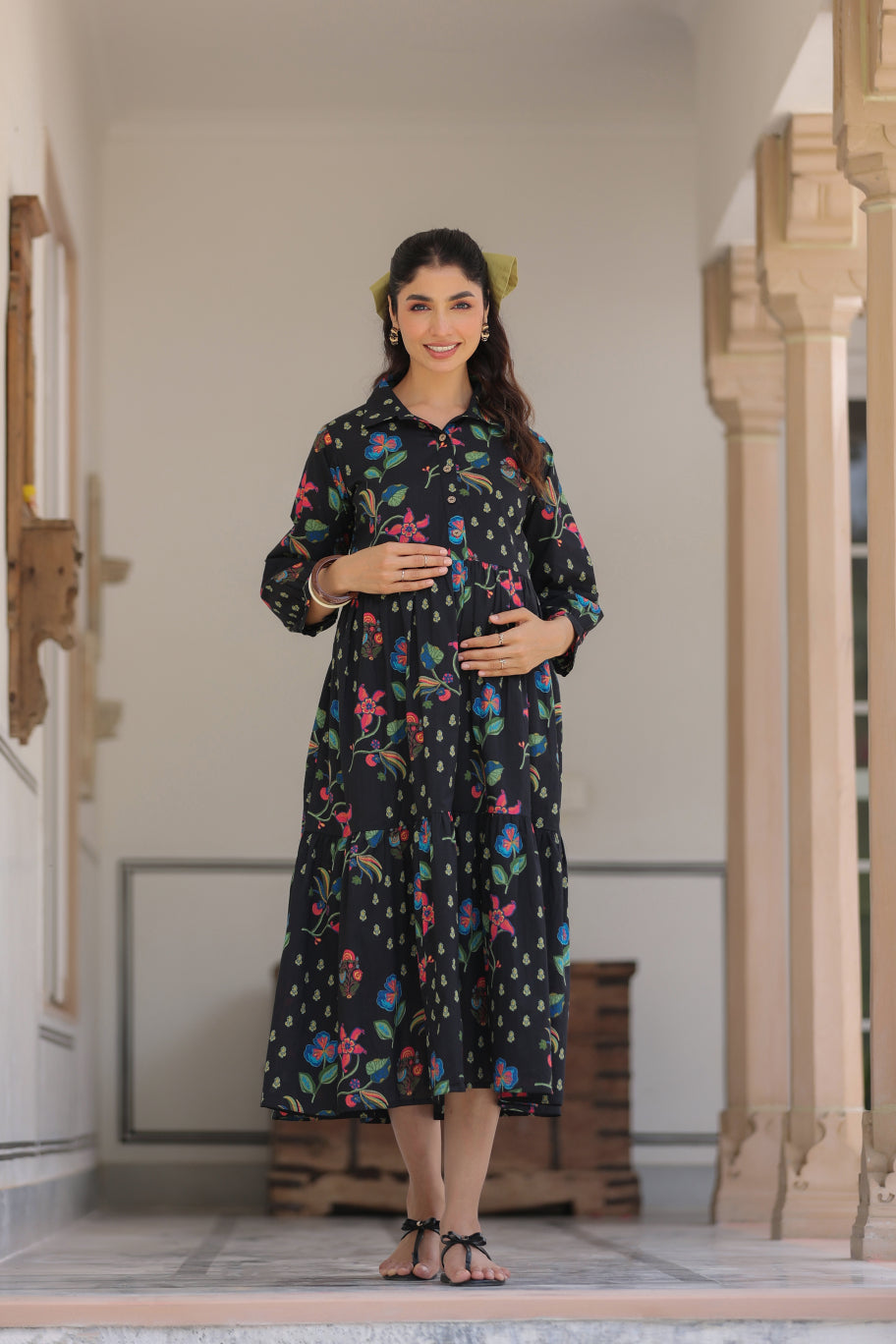 Wildflower Noir Cotton Maternity - Nursing Dress