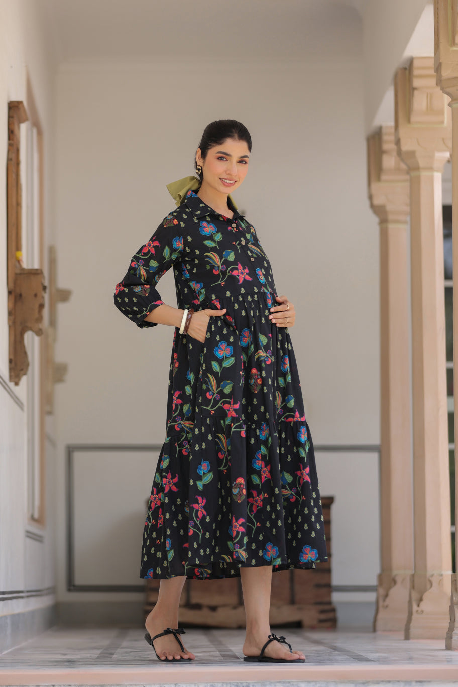 Wildflower Noir Cotton Maternity - Nursing Dress