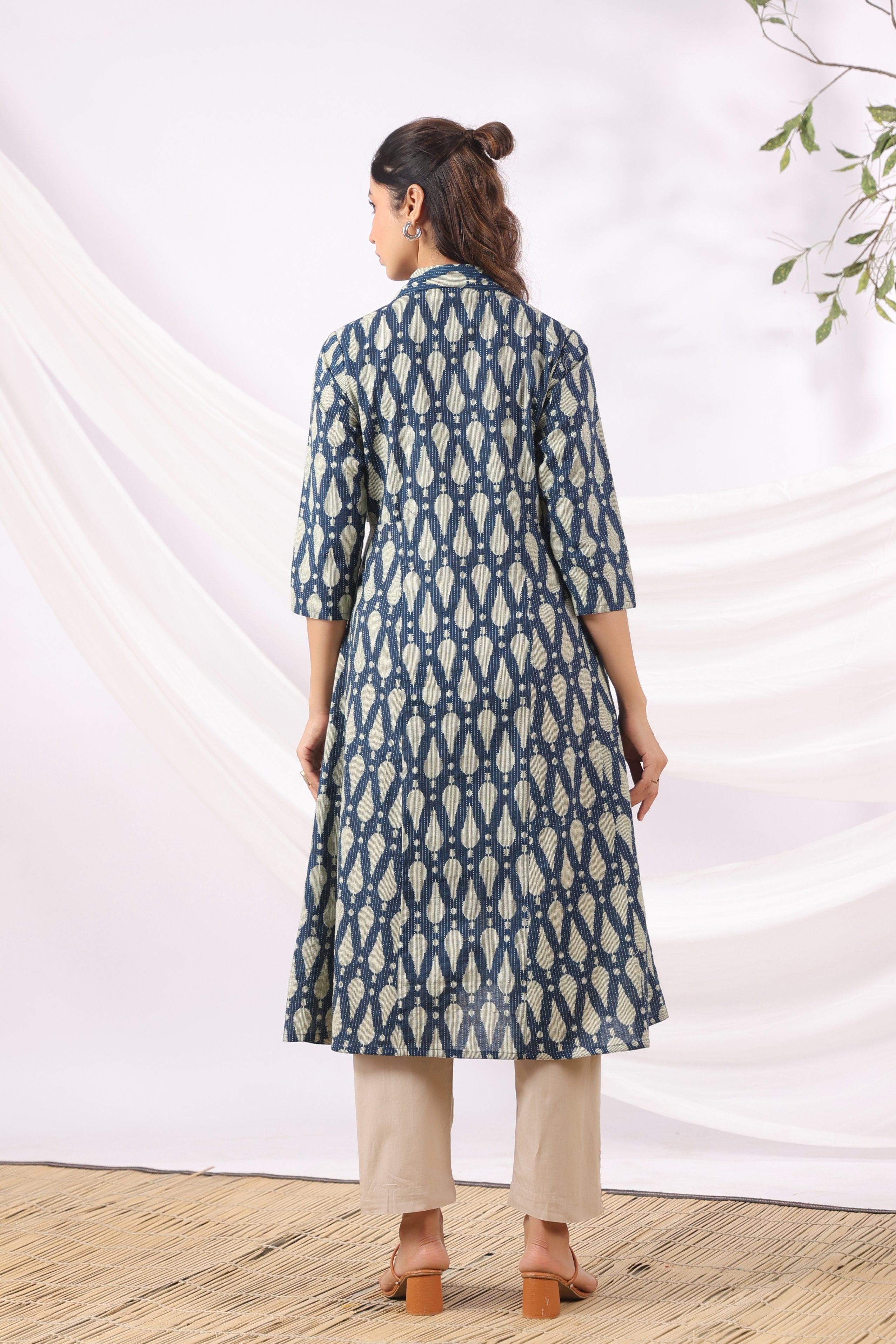 Navy Ikat Raindrop Cotton Maternity - Nursing Kurta