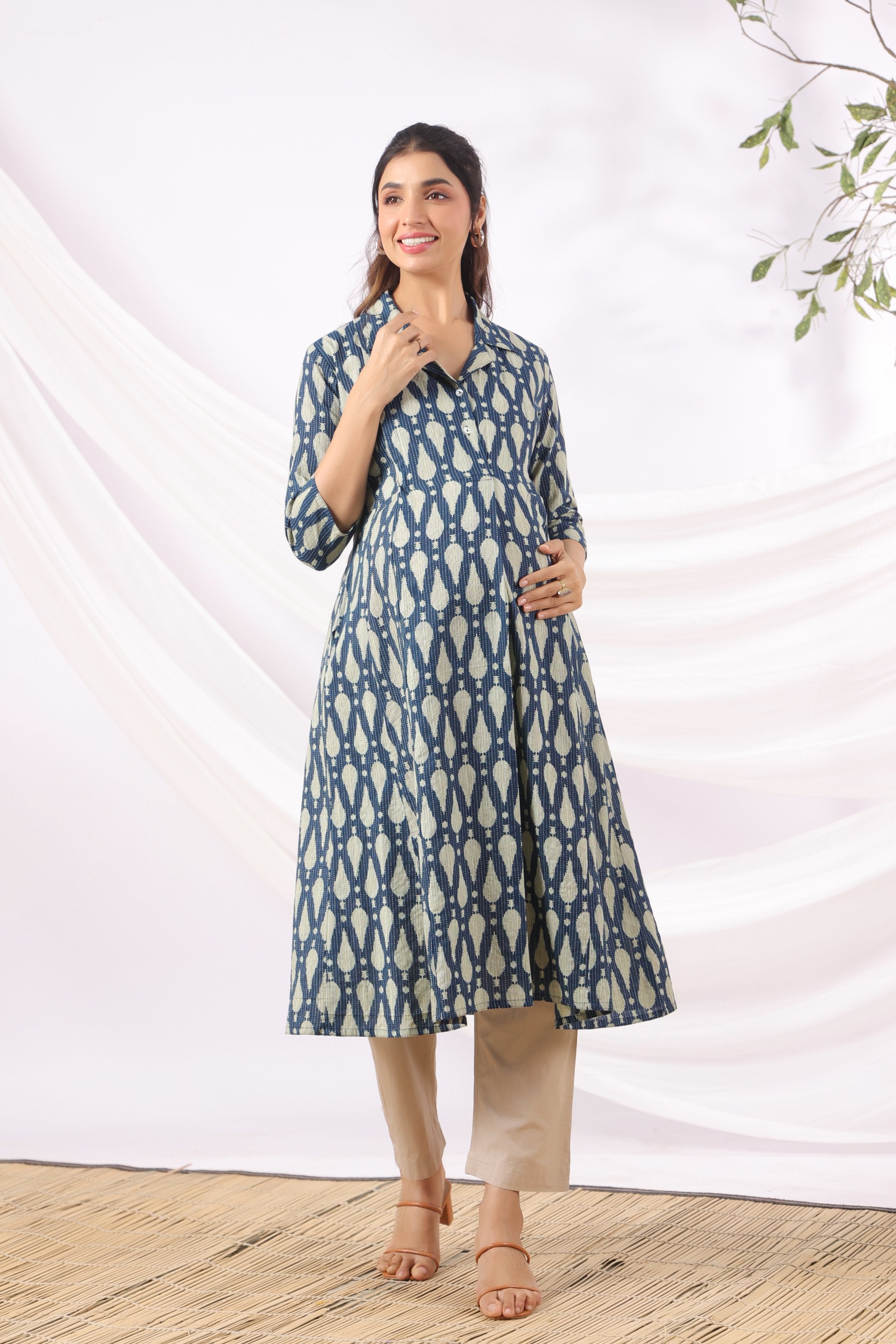 Navy Ikat Raindrop Cotton Maternity - Nursing Kurta