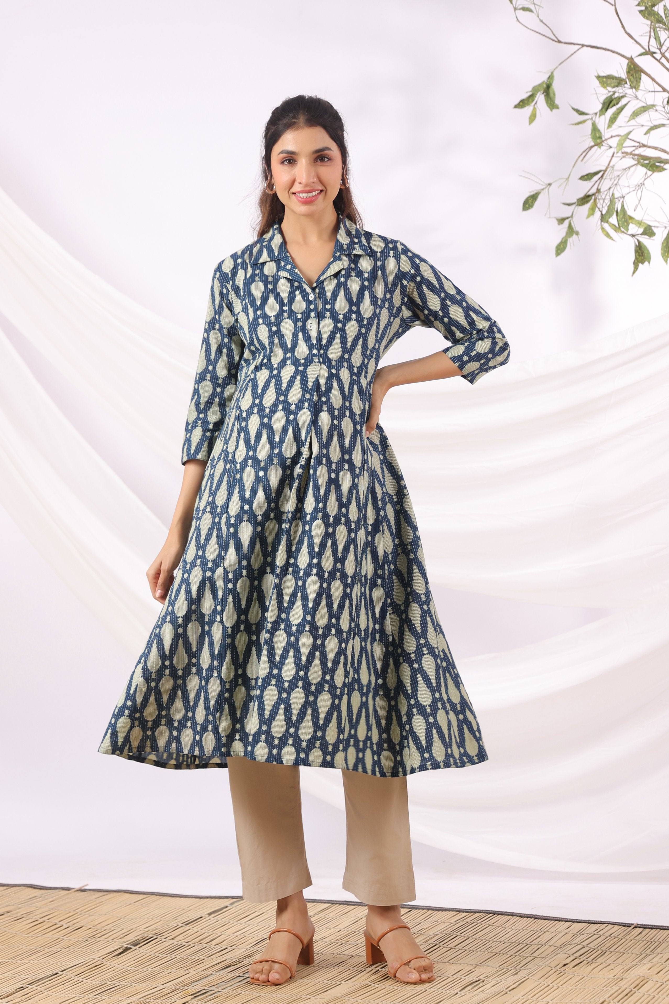 Navy Ikat Raindrop Cotton Maternity - Nursing Kurta