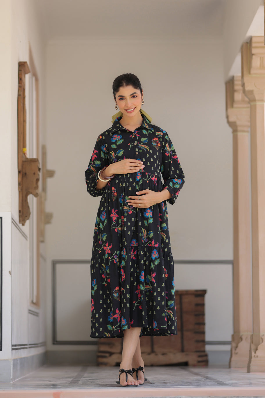 Wildflower Noir Cotton Maternity - Nursing Dress