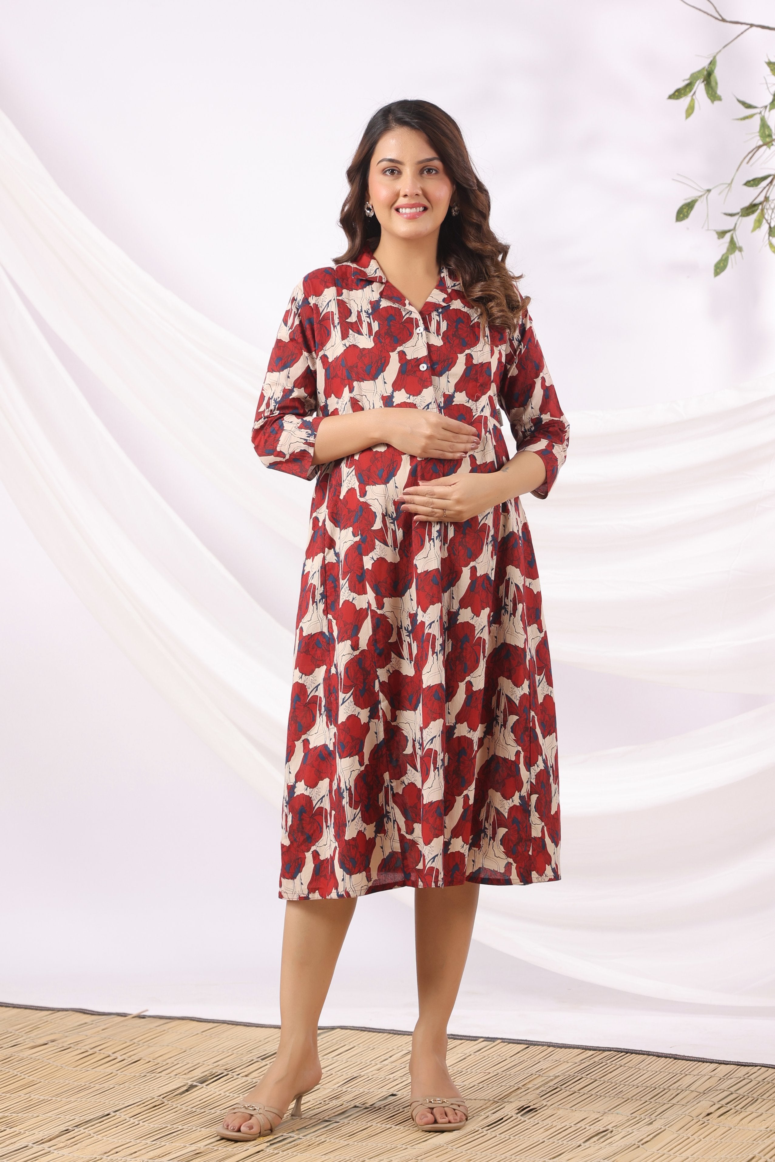 Red Blossom Wave Cotton Maternity - Nursing Dress