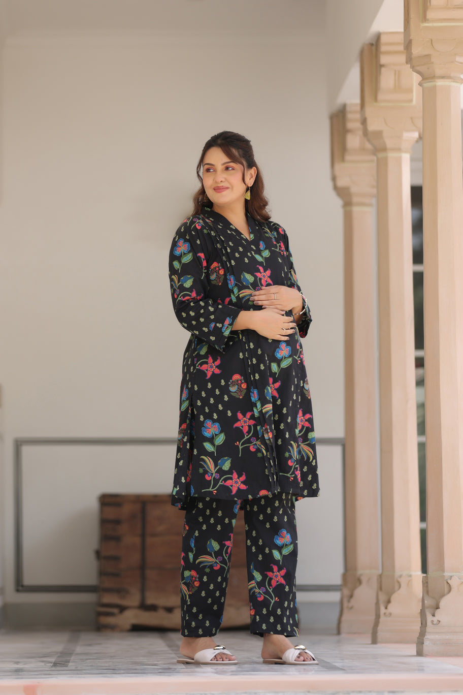 Wildflower Noir Cotton Maternity - Nursing Co-ord Set