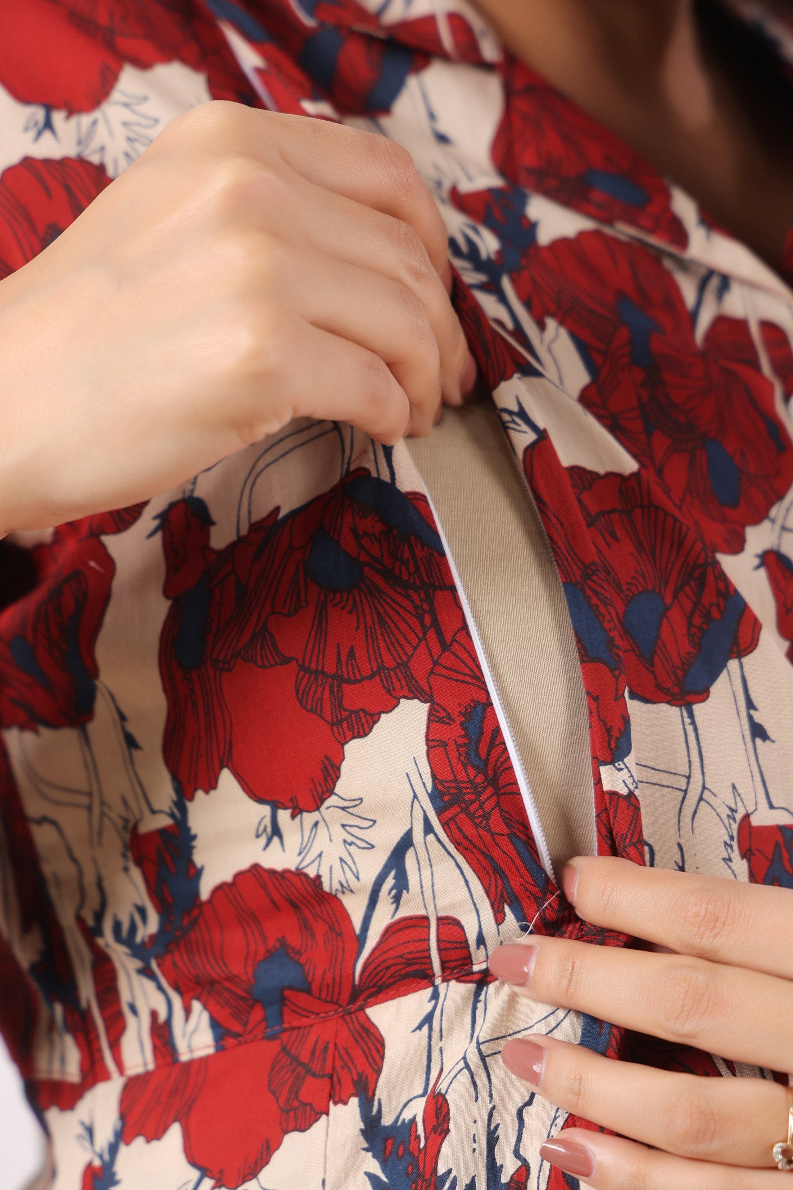 Red Blossom Wave Cotton Maternity - Nursing Dress