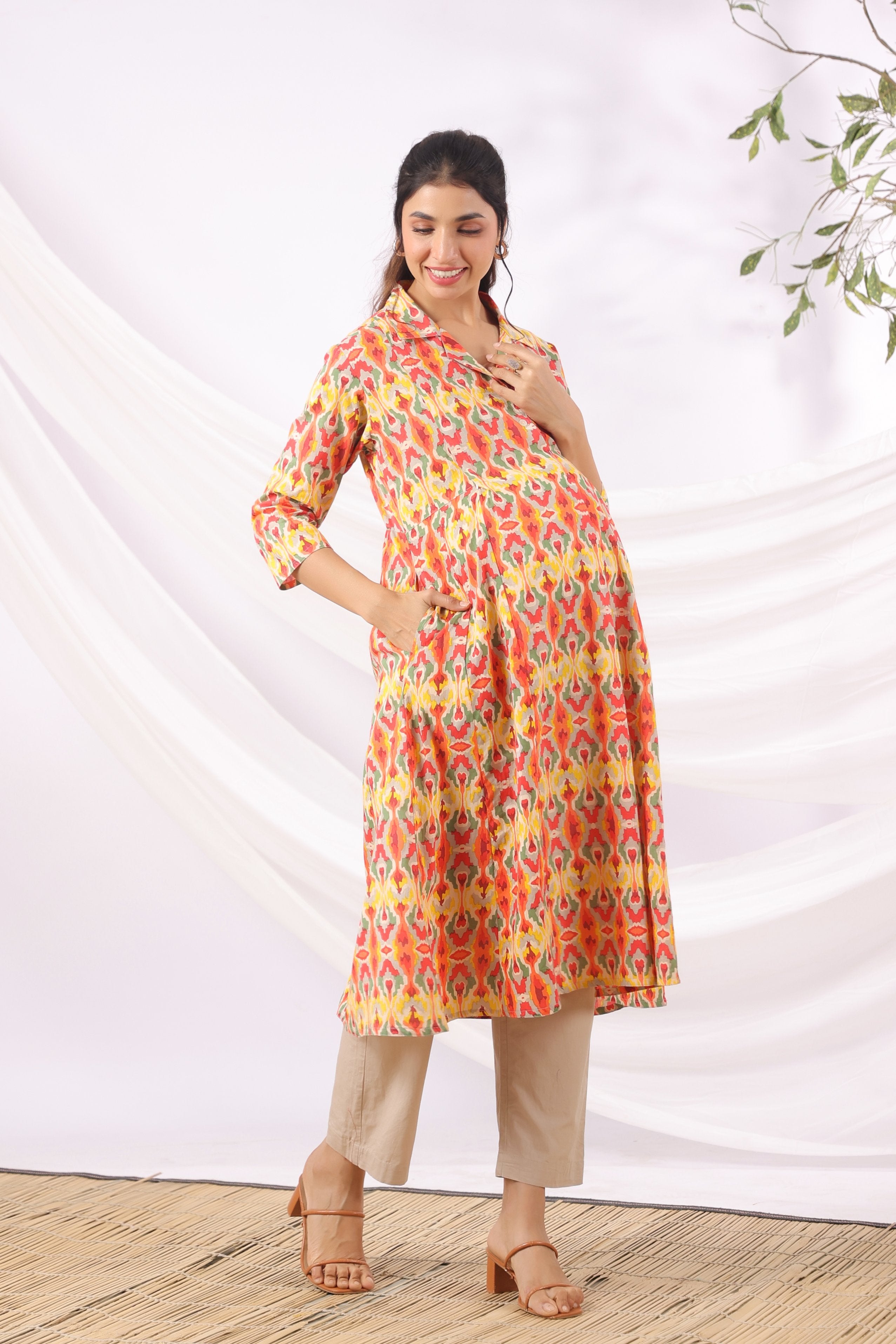 Rangrez Ikat Cotton Maternity - Nursing Kurta