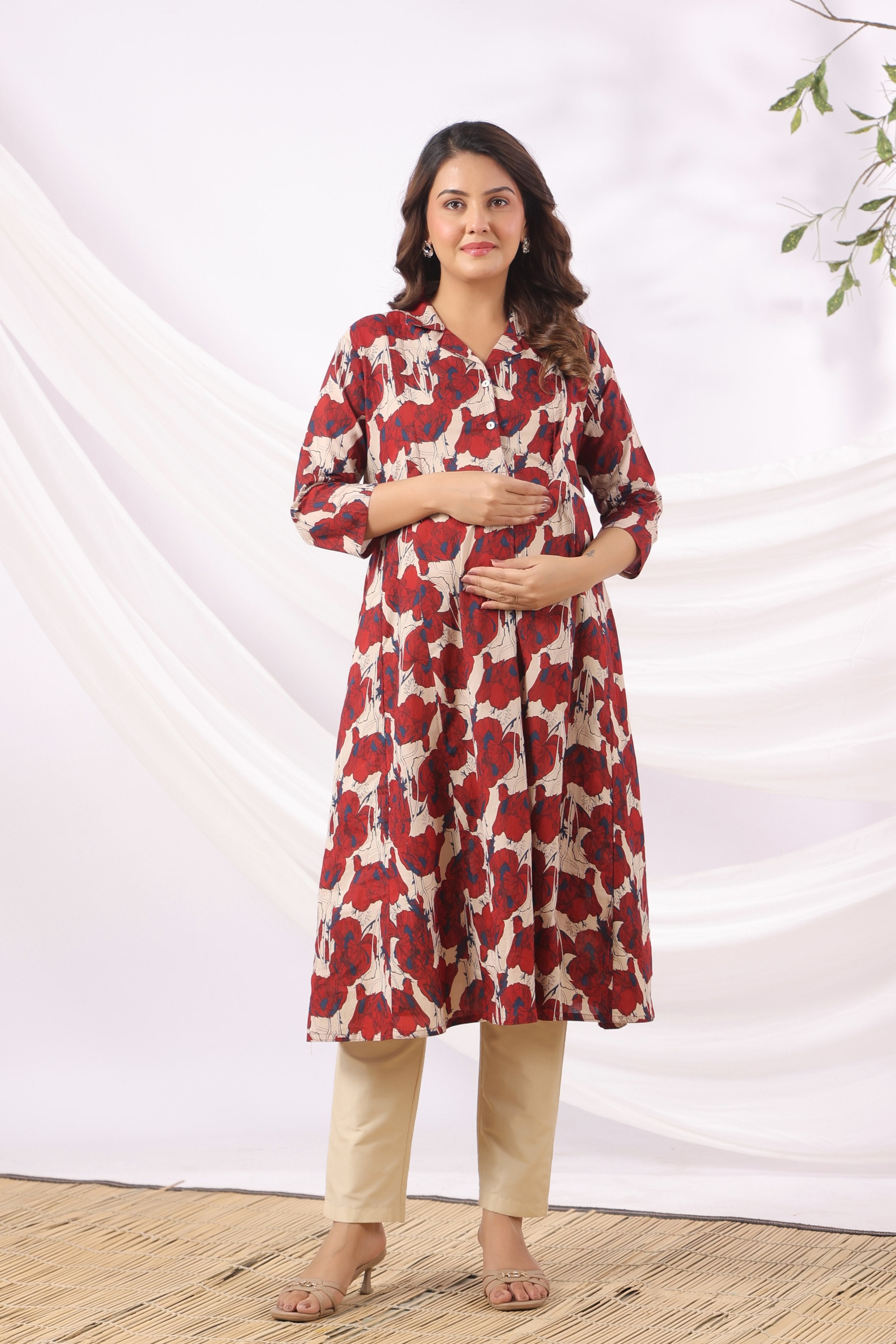 Red Blossom Wave Cotton Maternity - Nursing Kurta