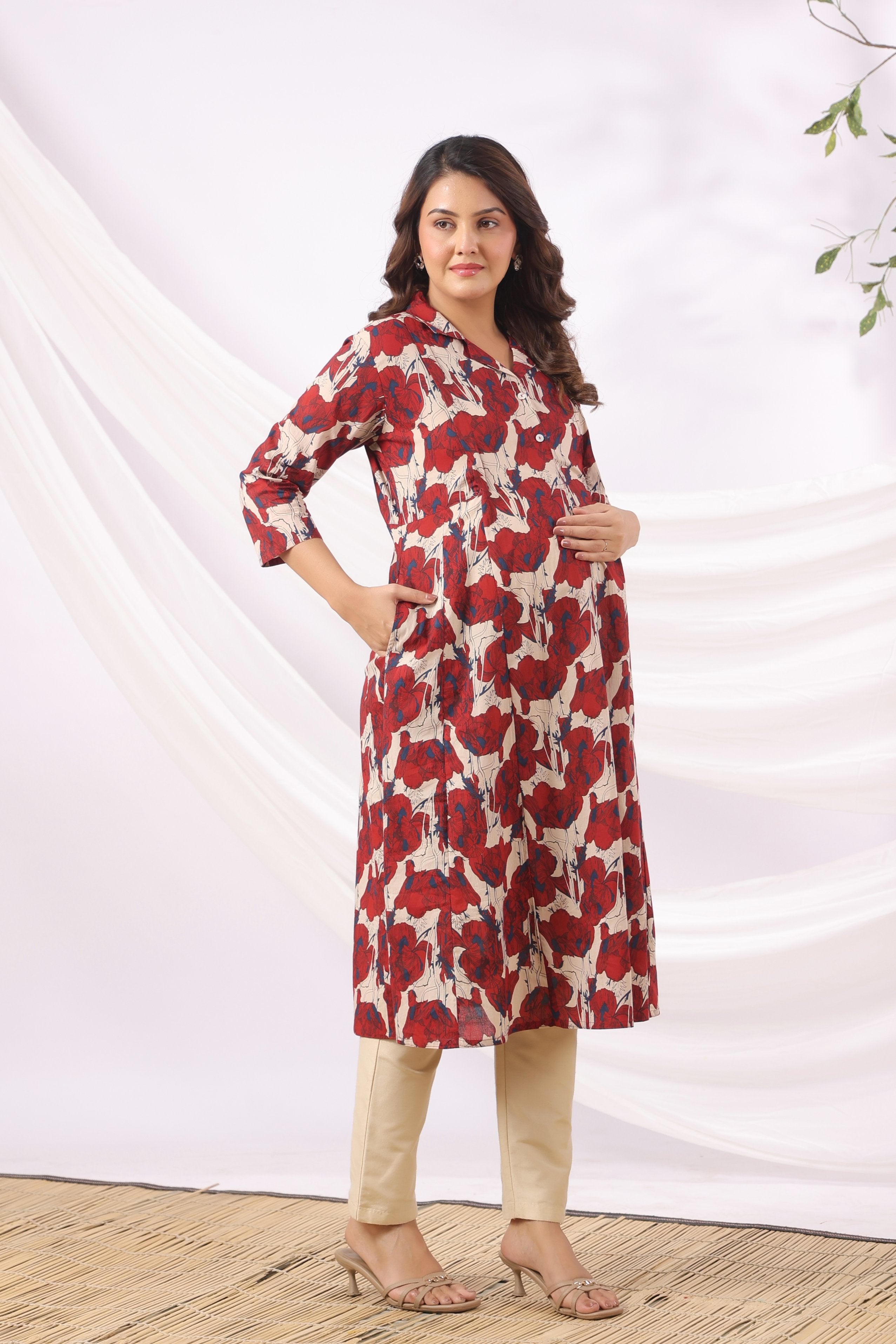 Red Blossom Wave Cotton Maternity - Nursing Kurta