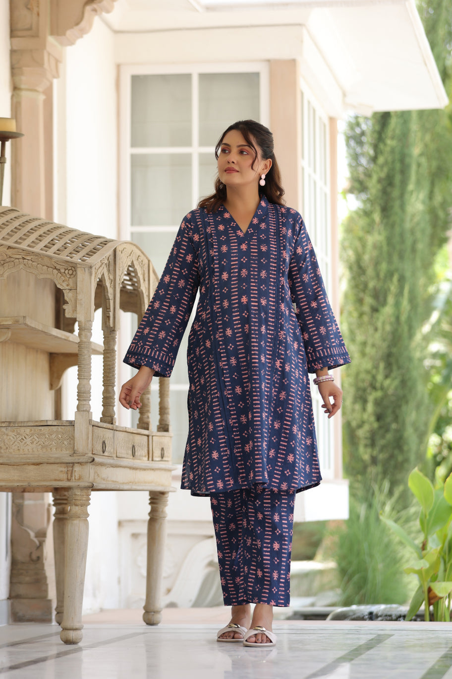 Indigo Art Marks Cotton Maternity - Nursing Co-ord Set