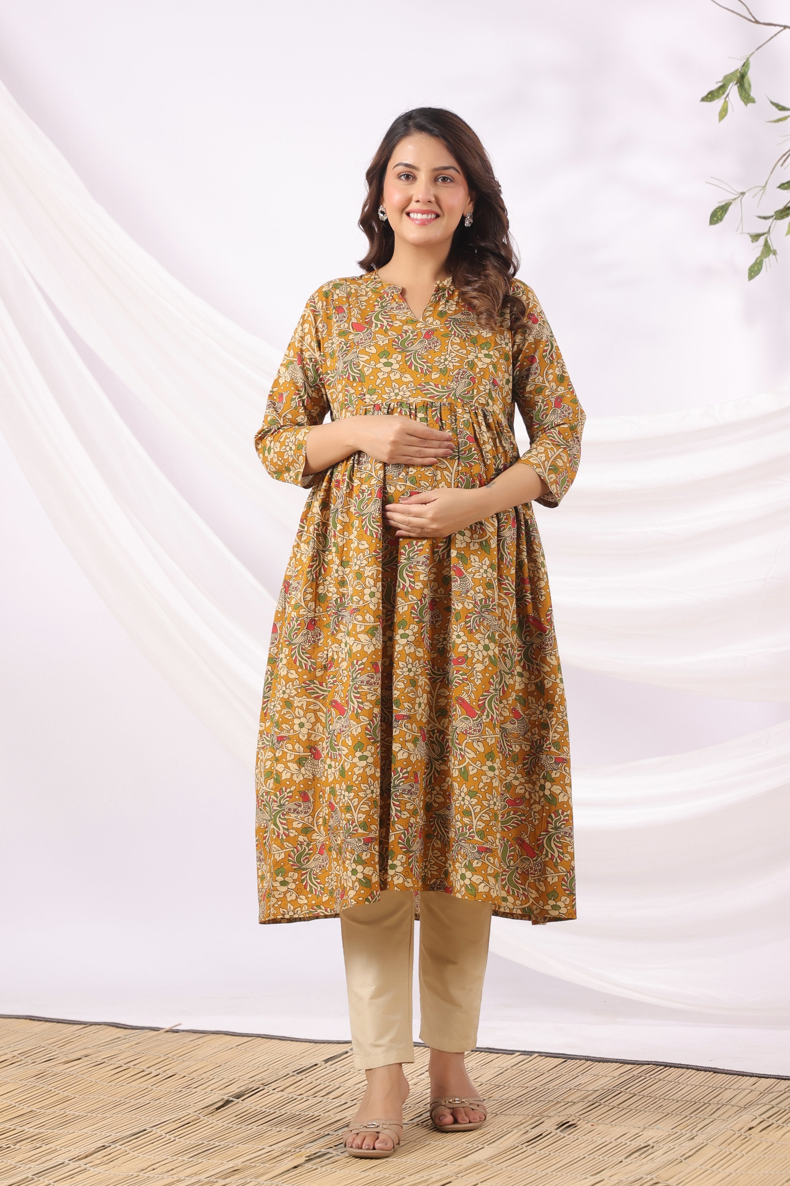 Mustard Kalamkari Bird Paradise Cotton Maternity - Nursing Kurta