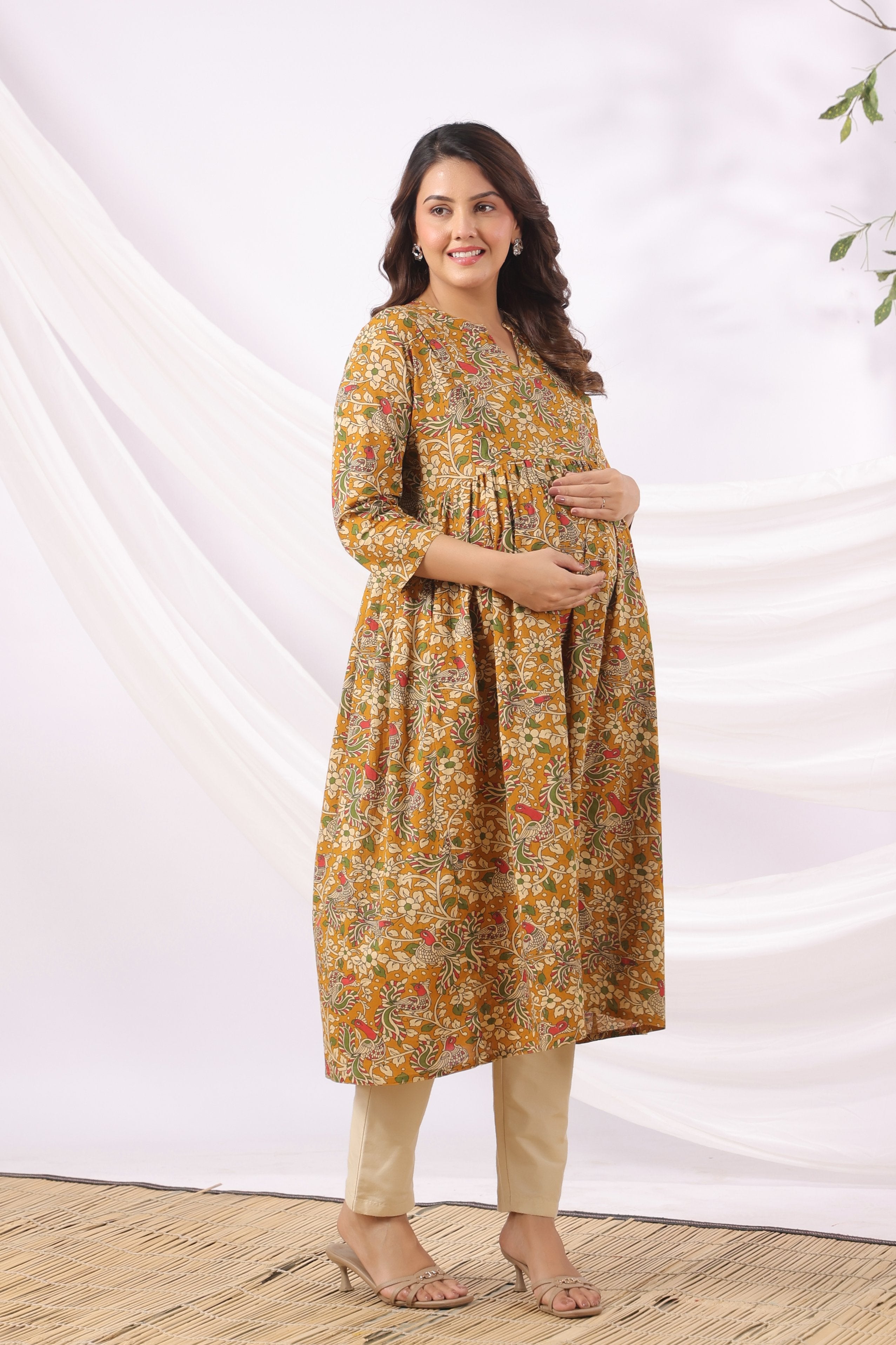 Mustard Kalamkari Bird Paradise Cotton Maternity - Nursing Kurta