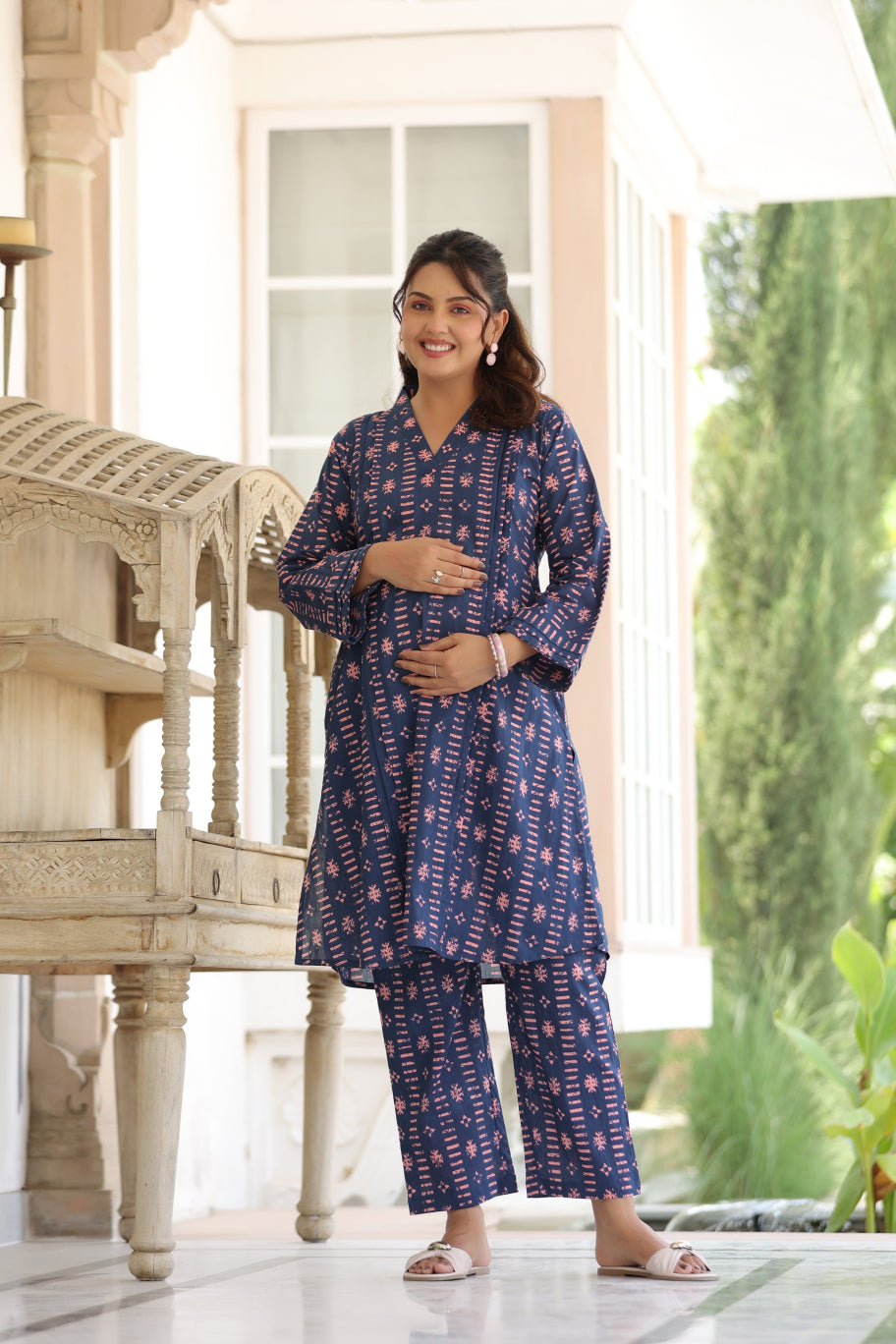 Indigo Art Marks Cotton Maternity - Nursing Co-ord Set