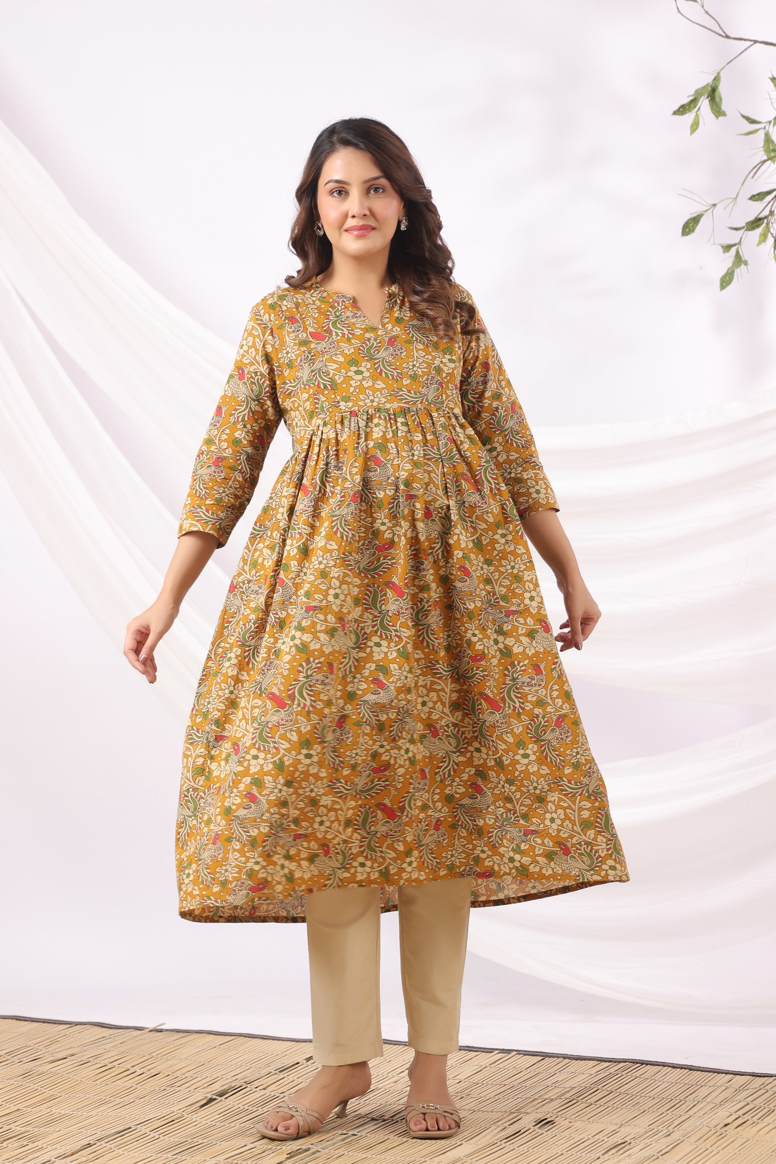 Mustard Kalamkari Bird Paradise Cotton Maternity - Nursing Kurta
