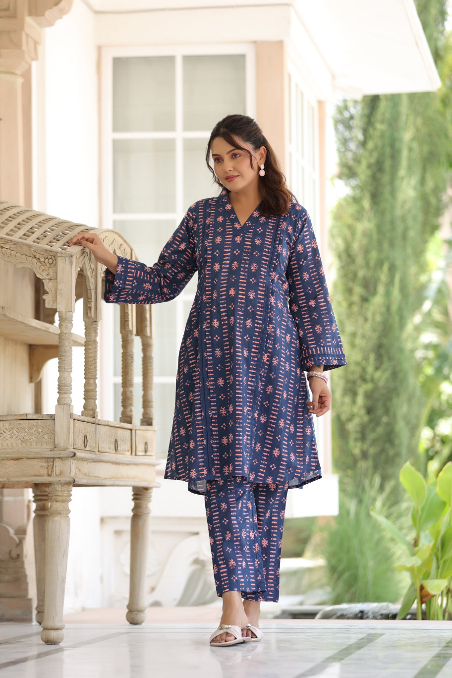 Indigo Art Marks Cotton Maternity - Nursing Co-ord Set