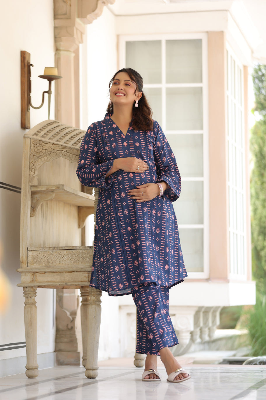 Indigo Art Marks Cotton Maternity - Nursing Co-ord Set