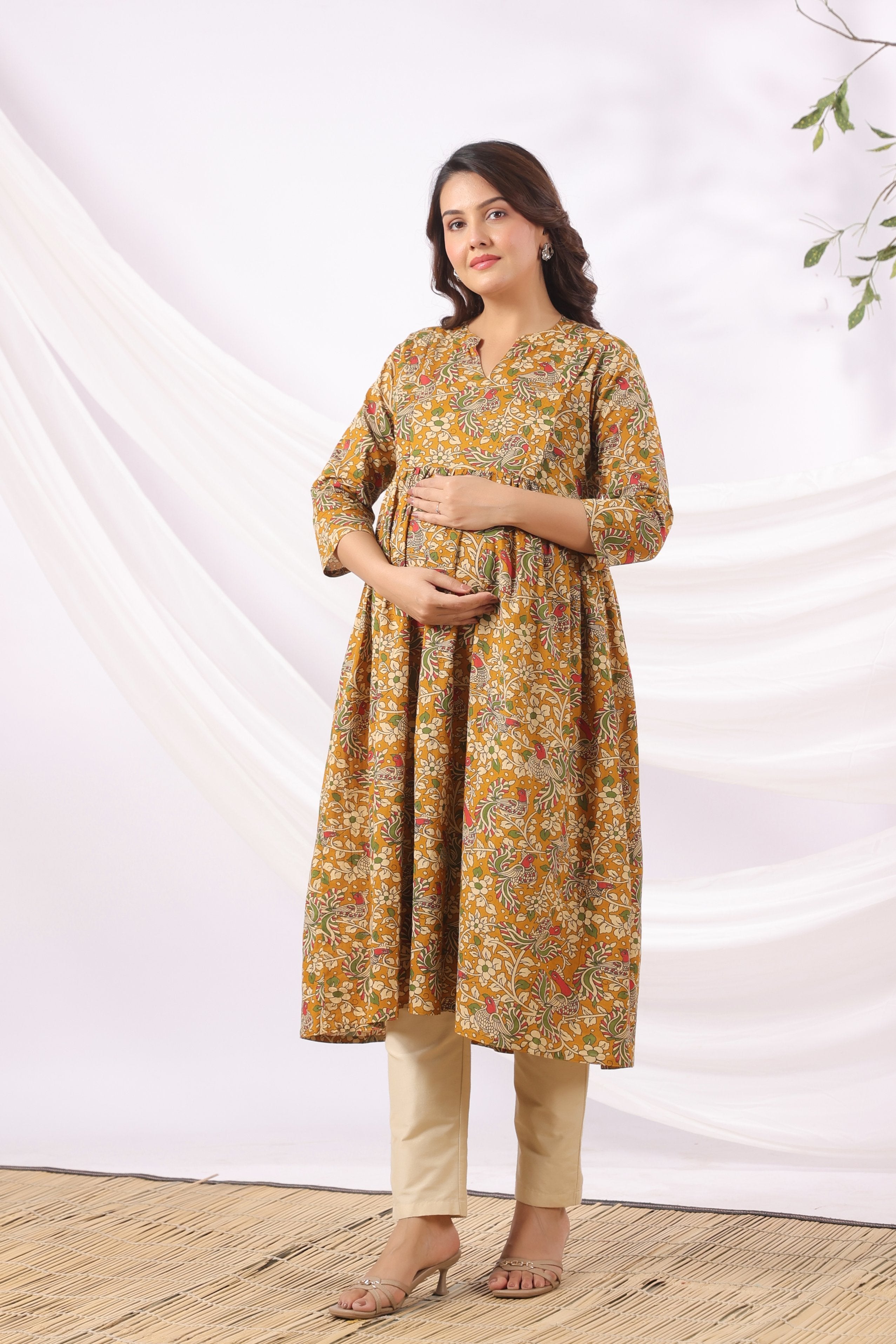 Mustard Kalamkari Bird Paradise Cotton Maternity - Nursing Kurta
