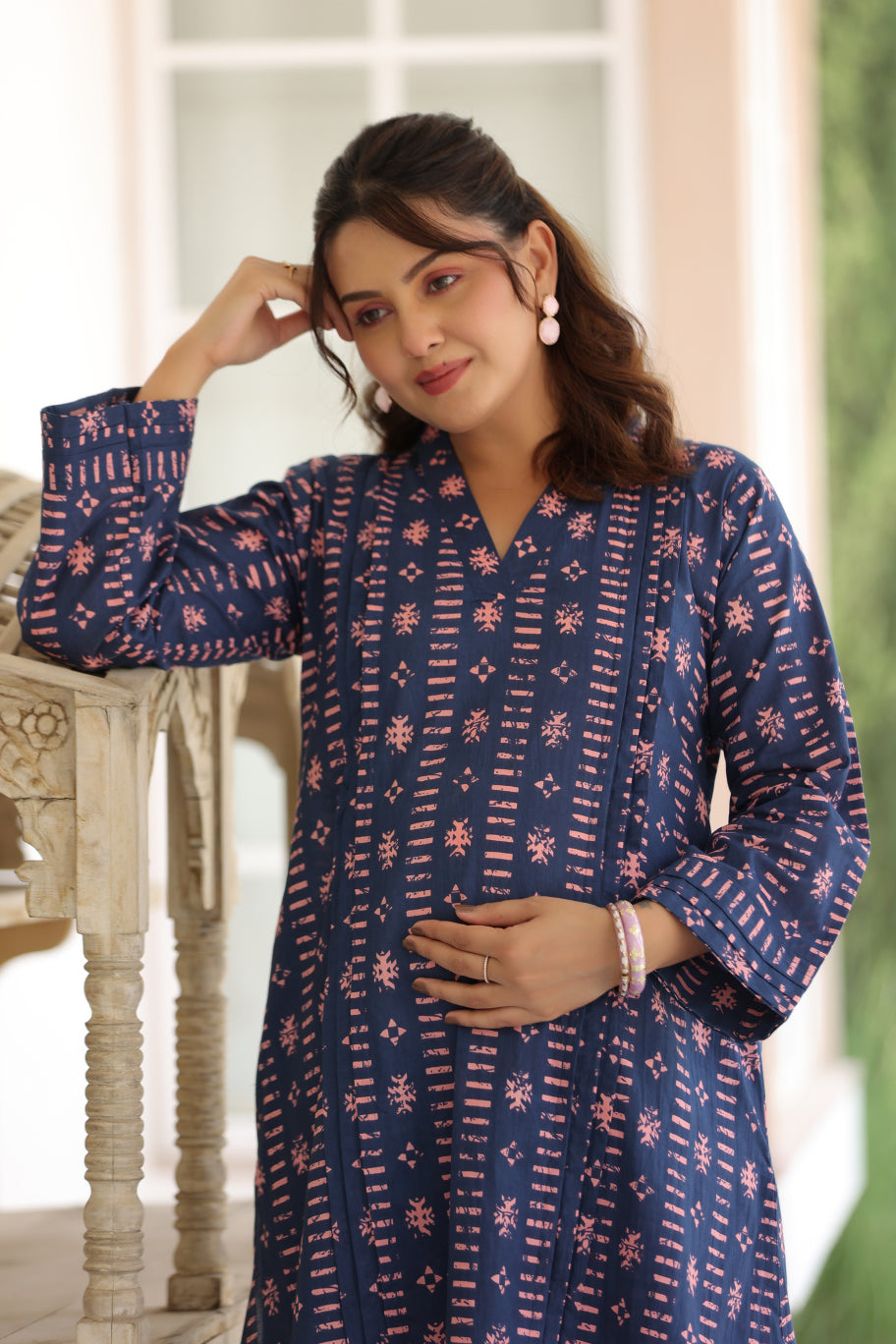 Indigo Art Marks Cotton Maternity - Nursing Co-ord Set