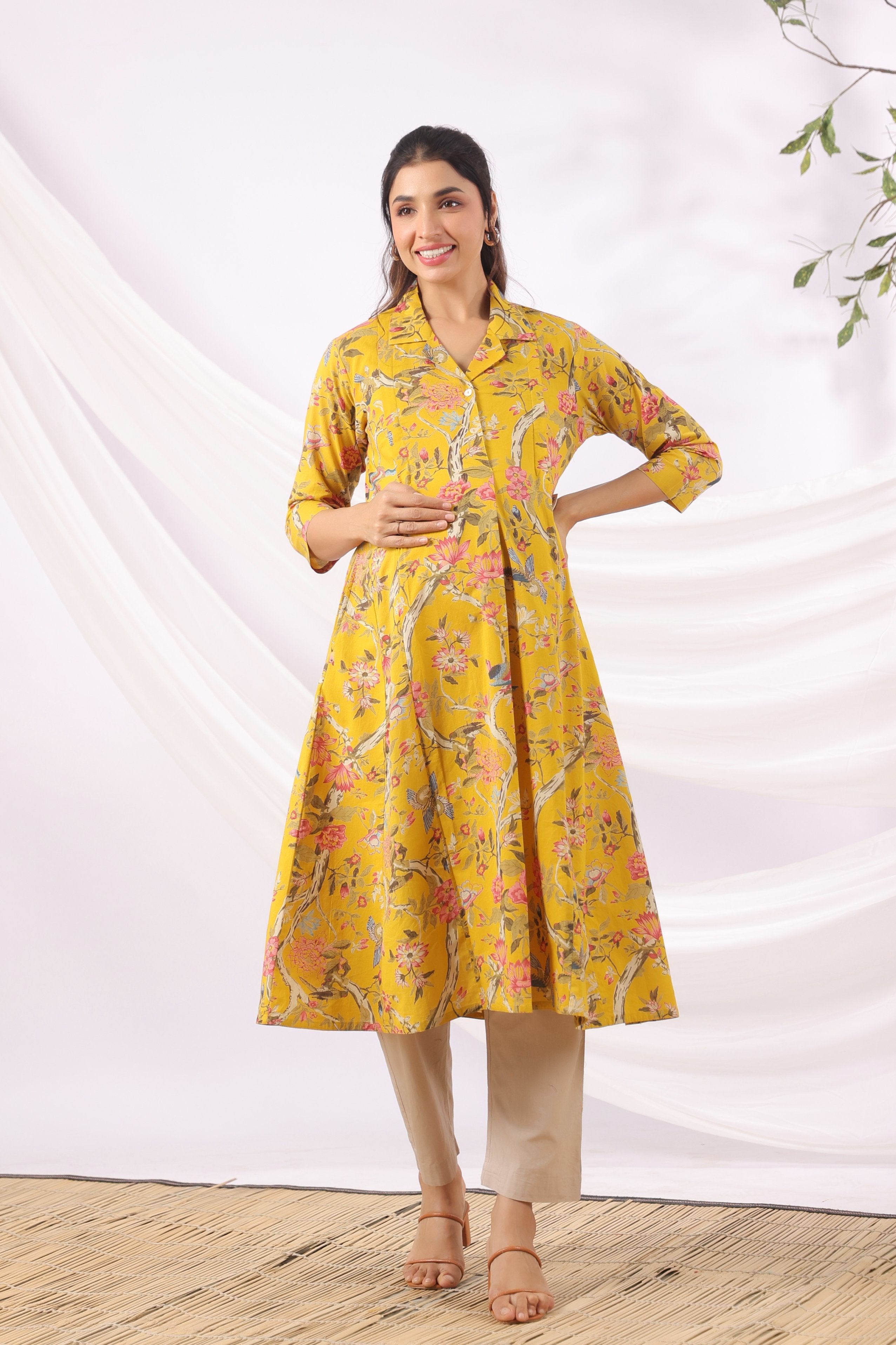 Sunrise Flora Birds Cotton Maternity - Nursing Kurta
