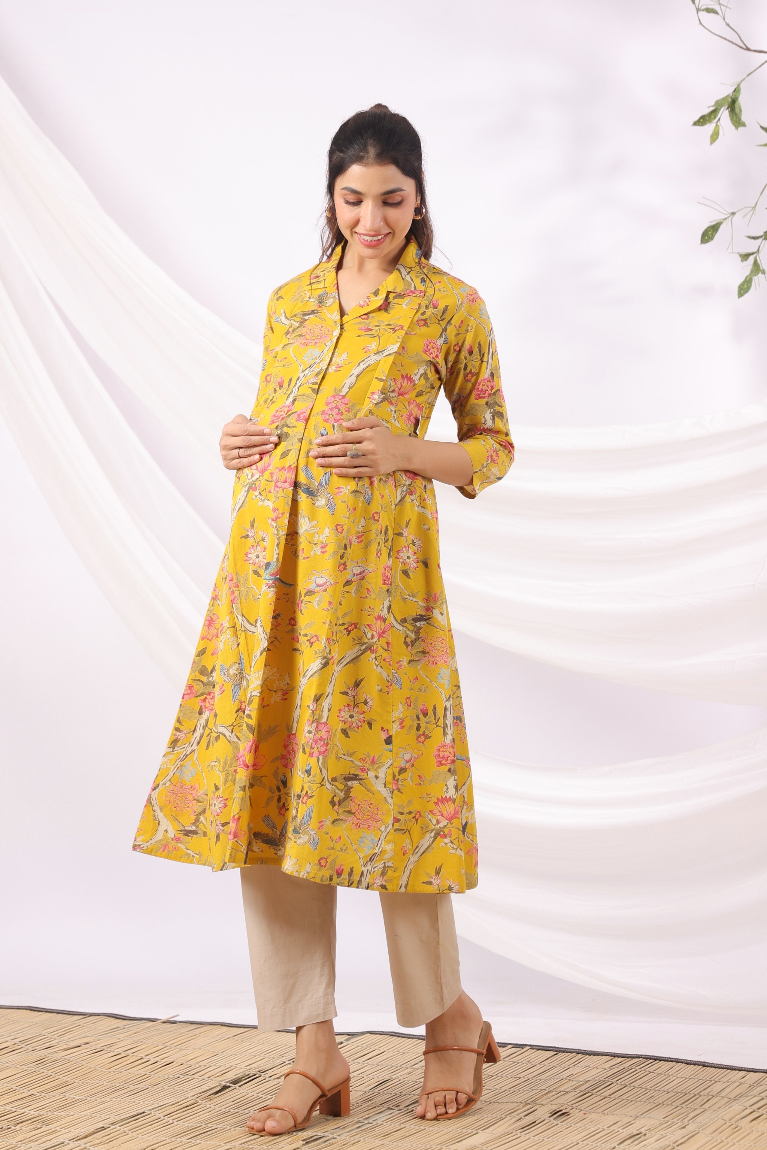 Sunrise Flora Birds Cotton Maternity - Nursing Kurta