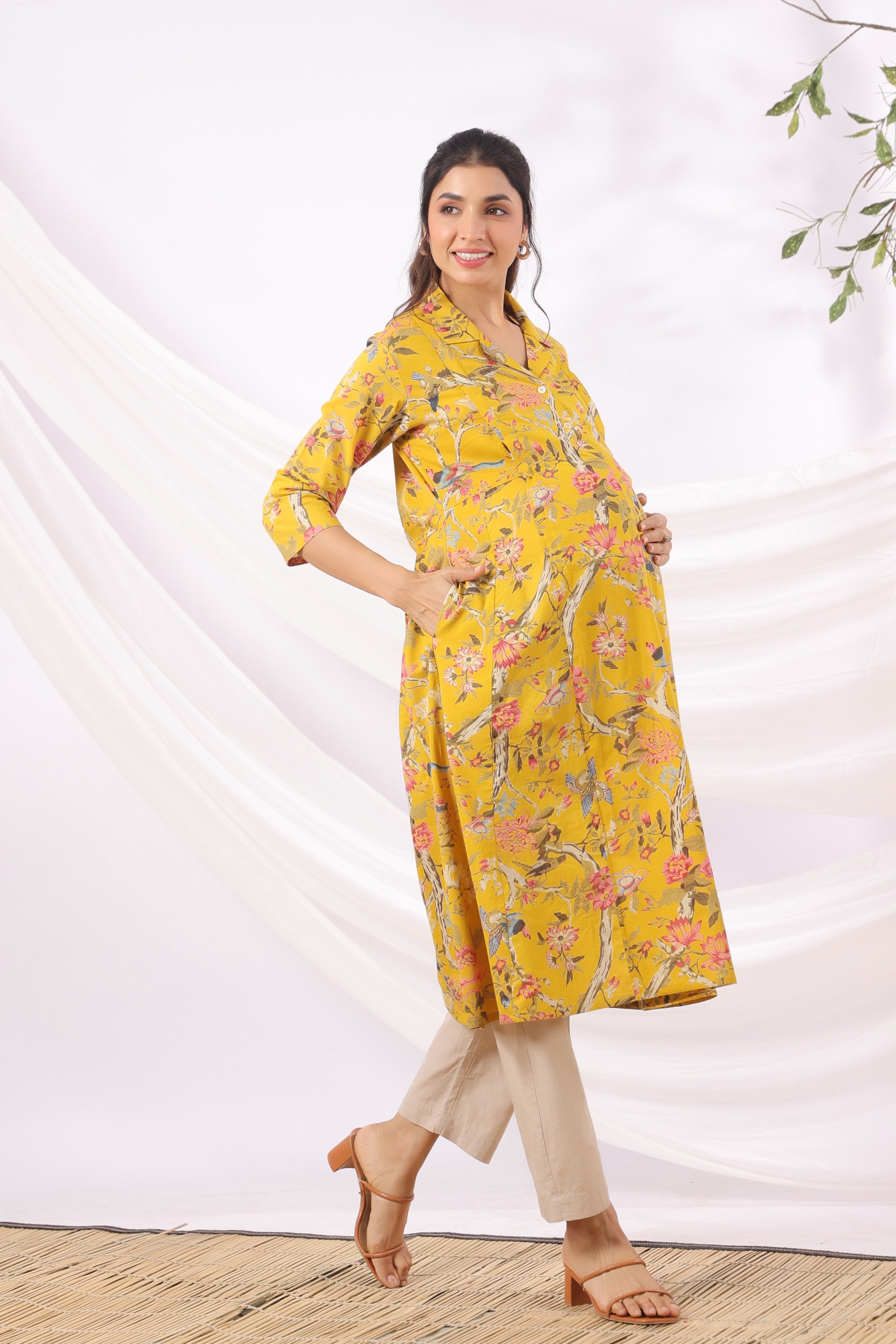 Sunrise Flora Birds Cotton Maternity - Nursing Kurta