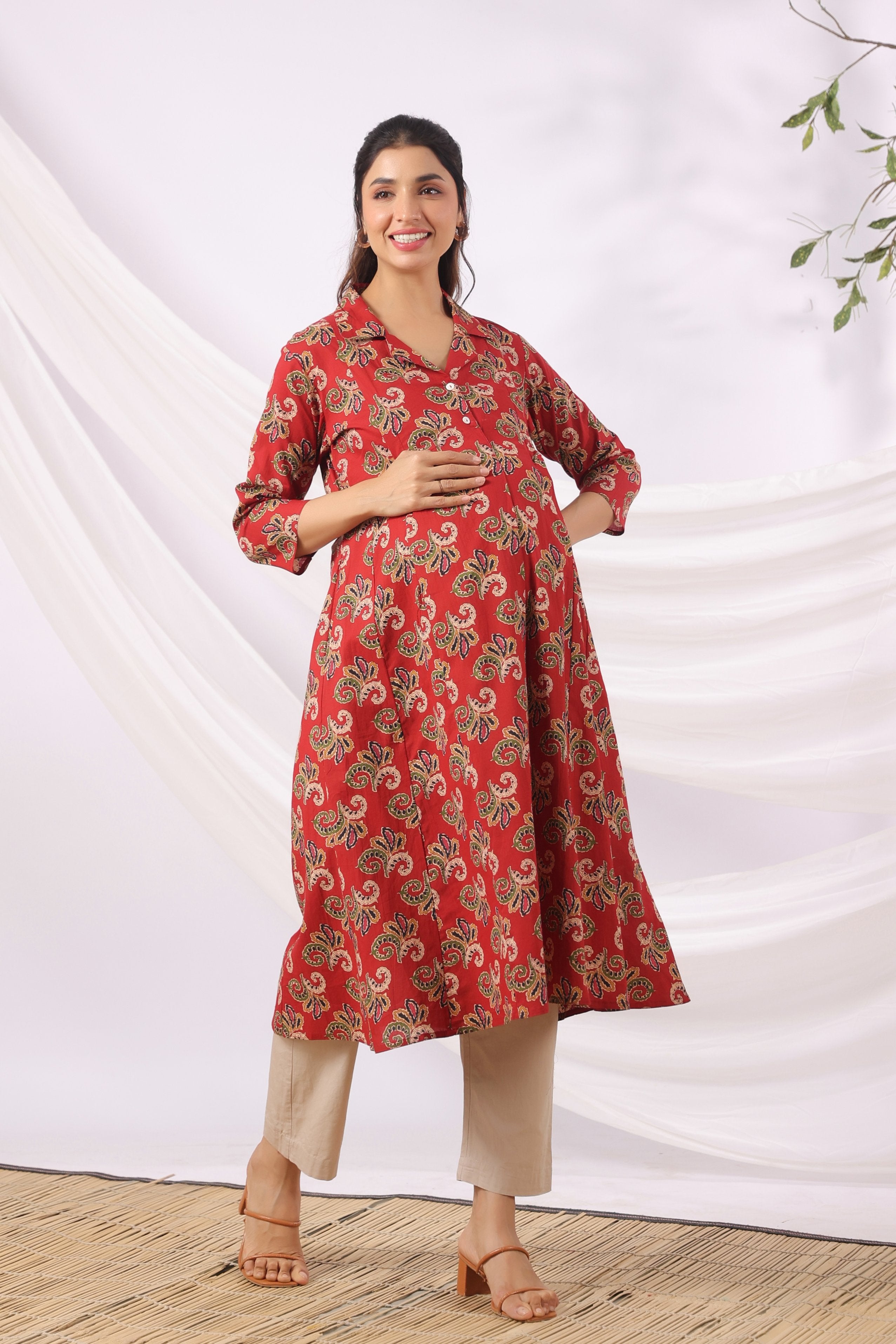 Rajasthani Leaf Motif Cotton Maternity - Nursing Kurta