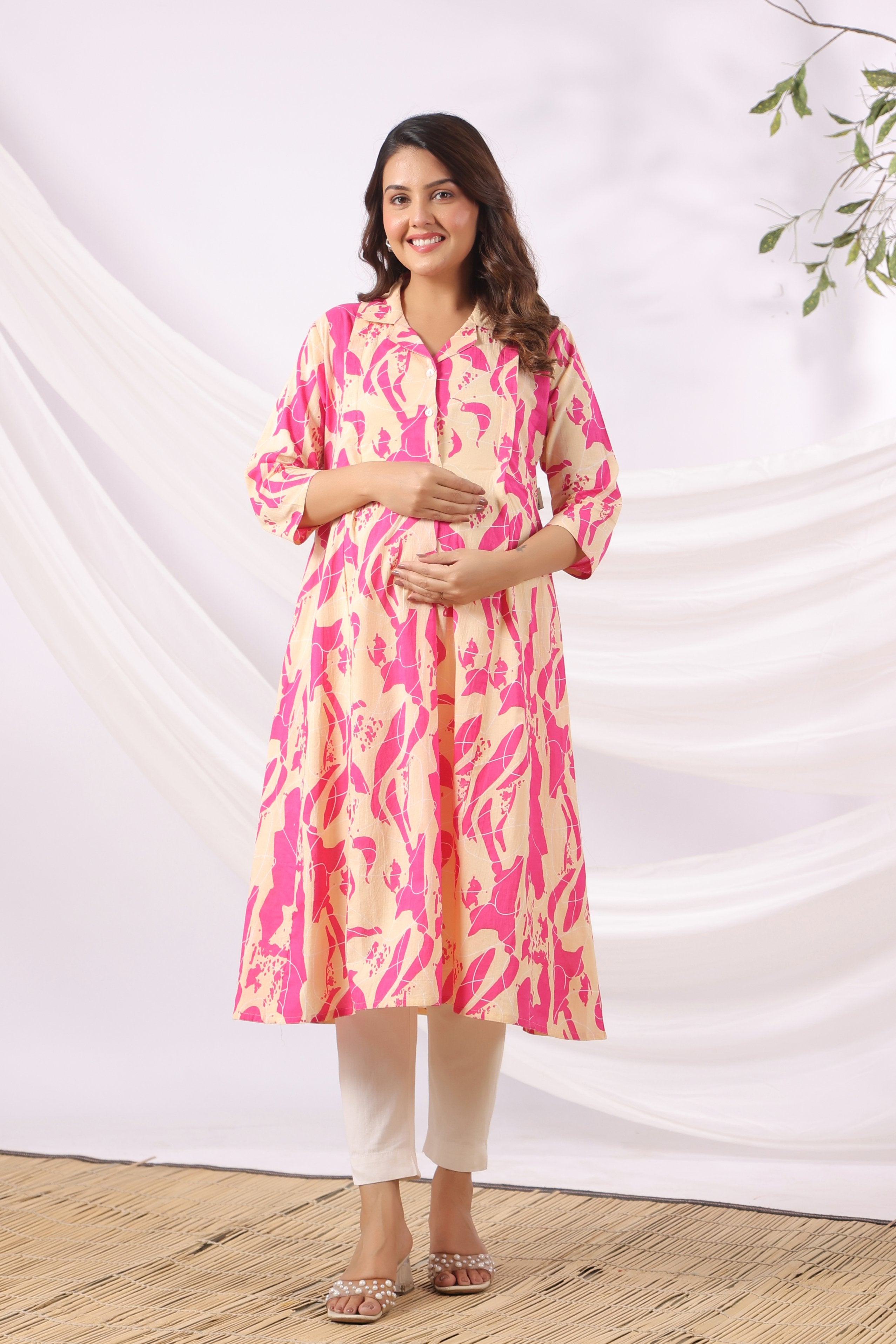 Magenta Wave Sketch Cotton Maternity - Nursing Kurta