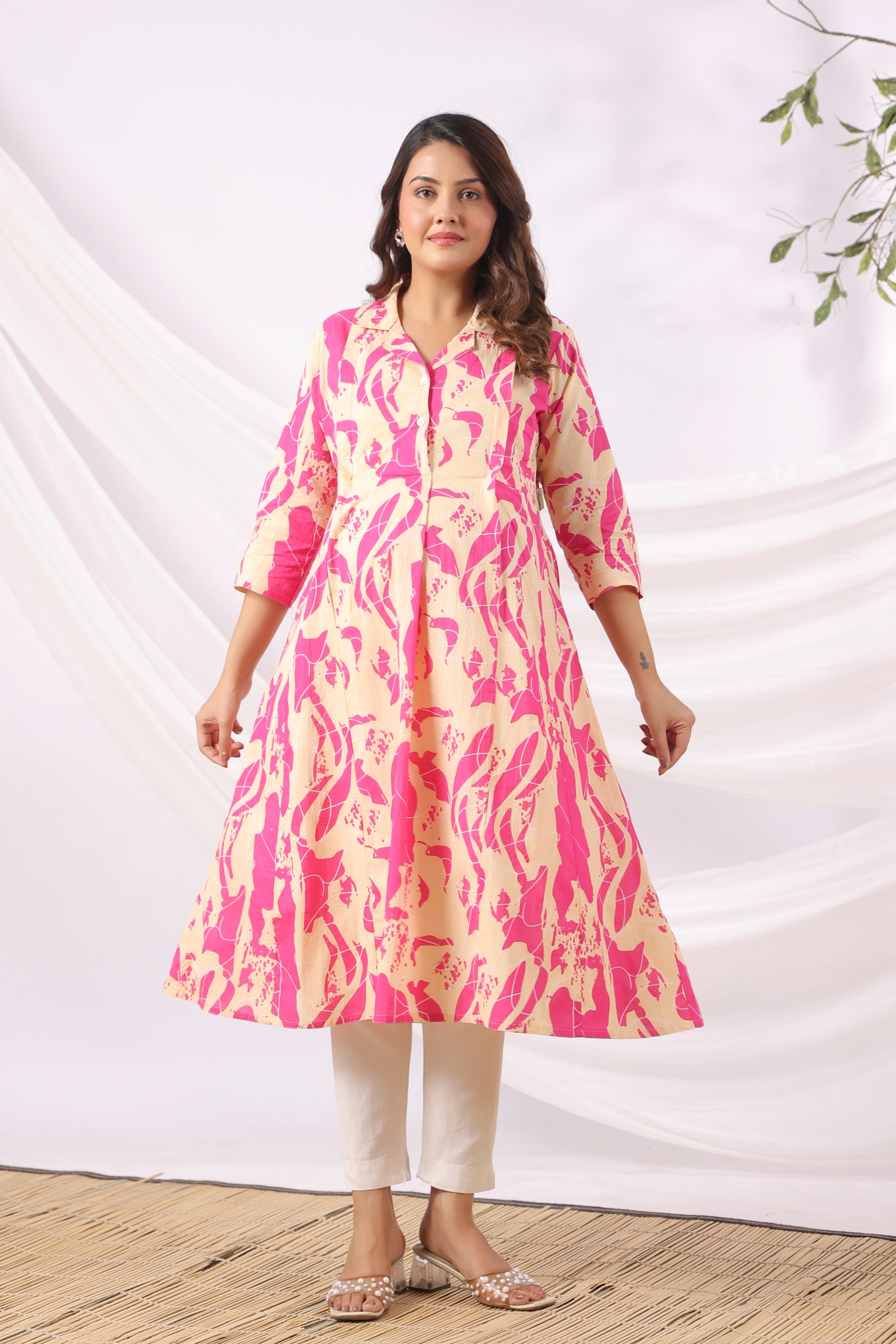 Magenta Wave Sketch Cotton Maternity - Nursing Kurta