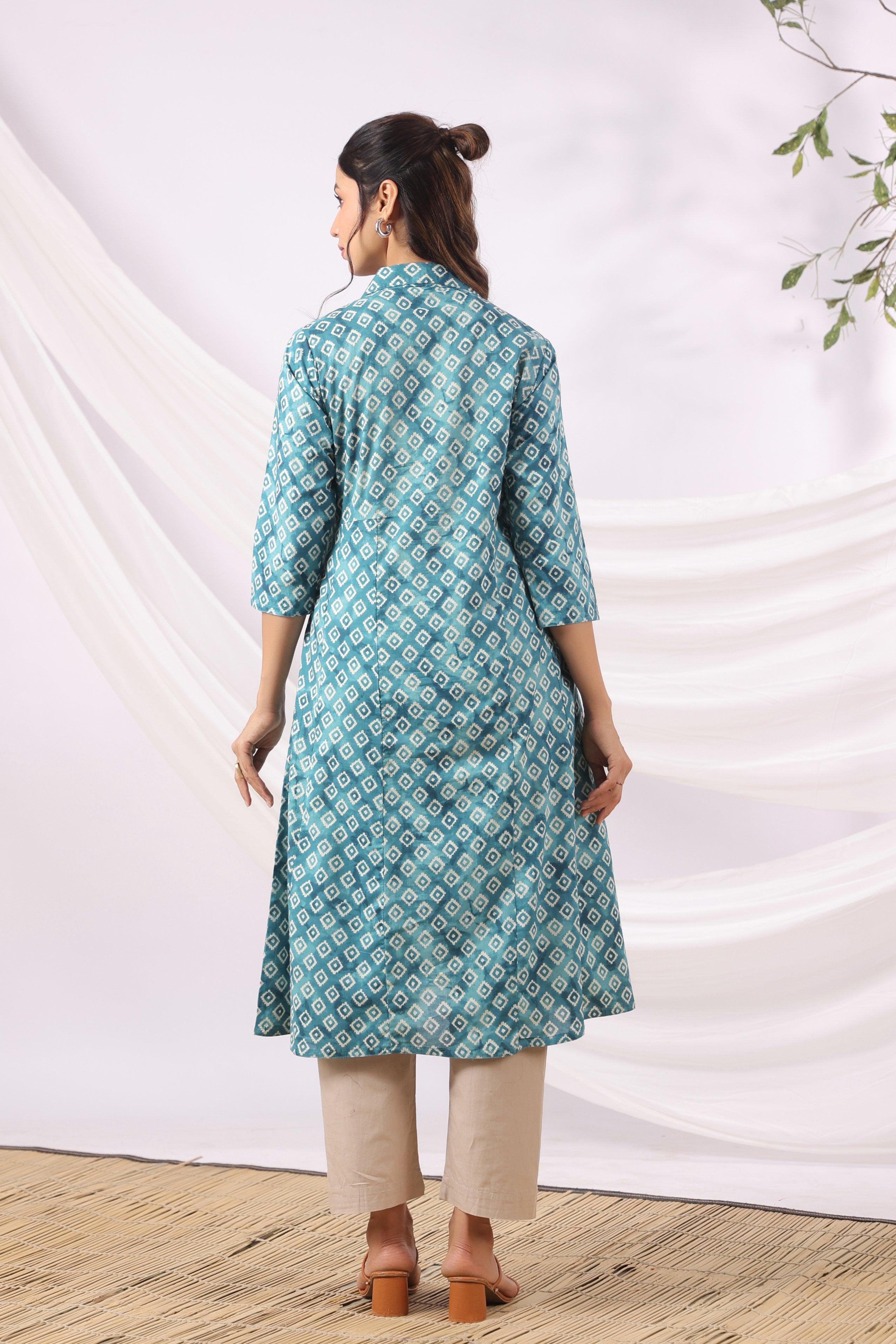 Teal Ikat Diamonds Cotton Maternity - Nursing Kurta