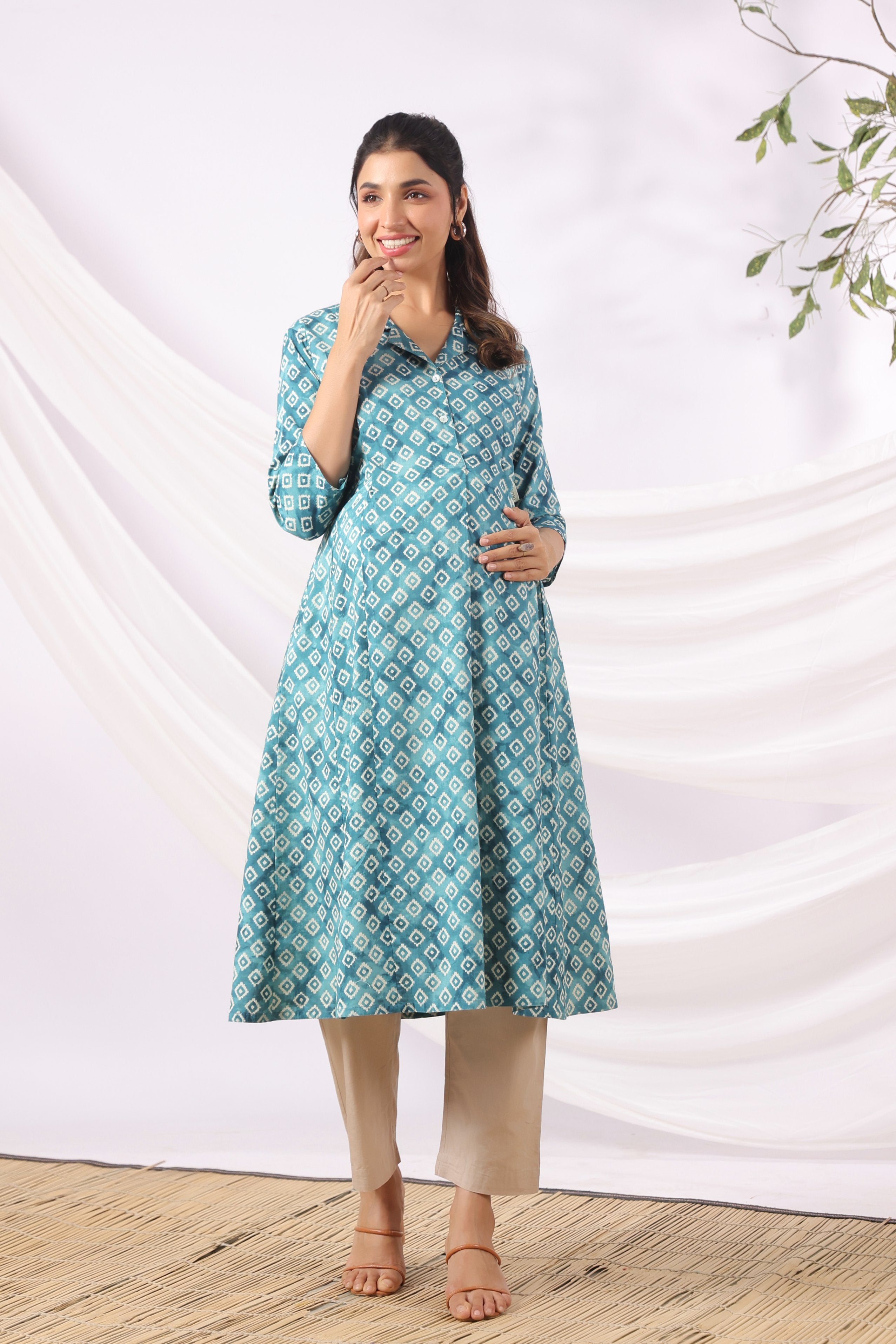 Teal Ikat Diamonds Cotton Maternity - Nursing Kurta
