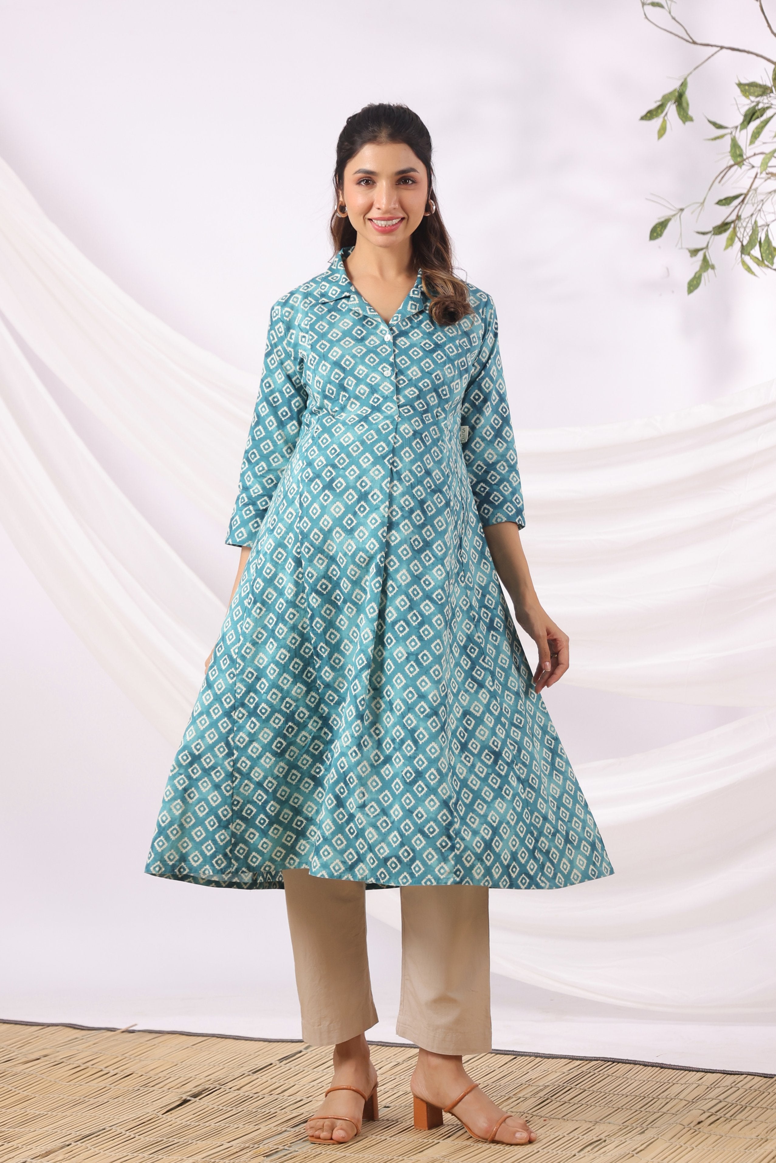 Teal Ikat Diamonds Cotton Maternity - Nursing Kurta