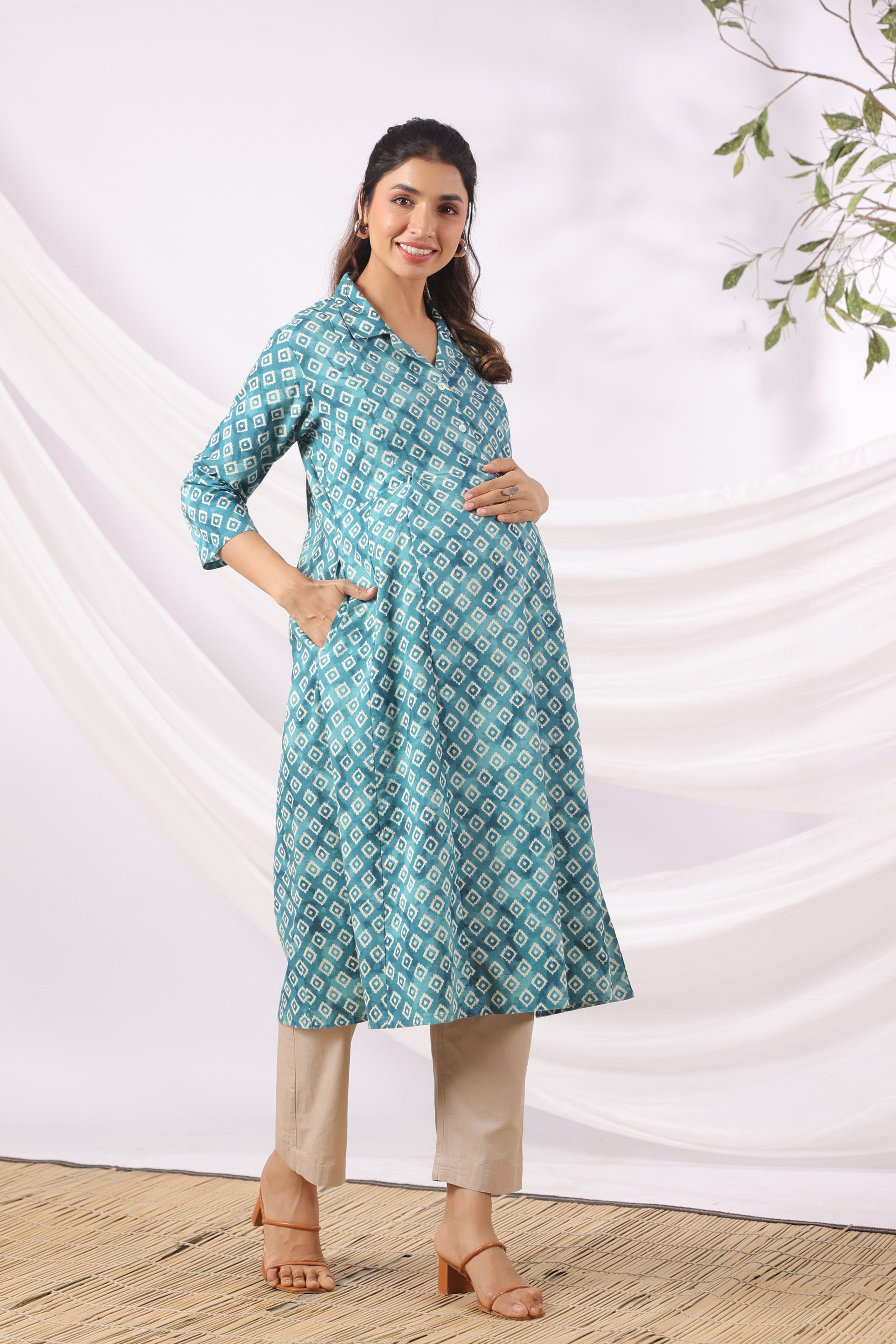 Teal Ikat Diamonds Cotton Maternity - Nursing Kurta