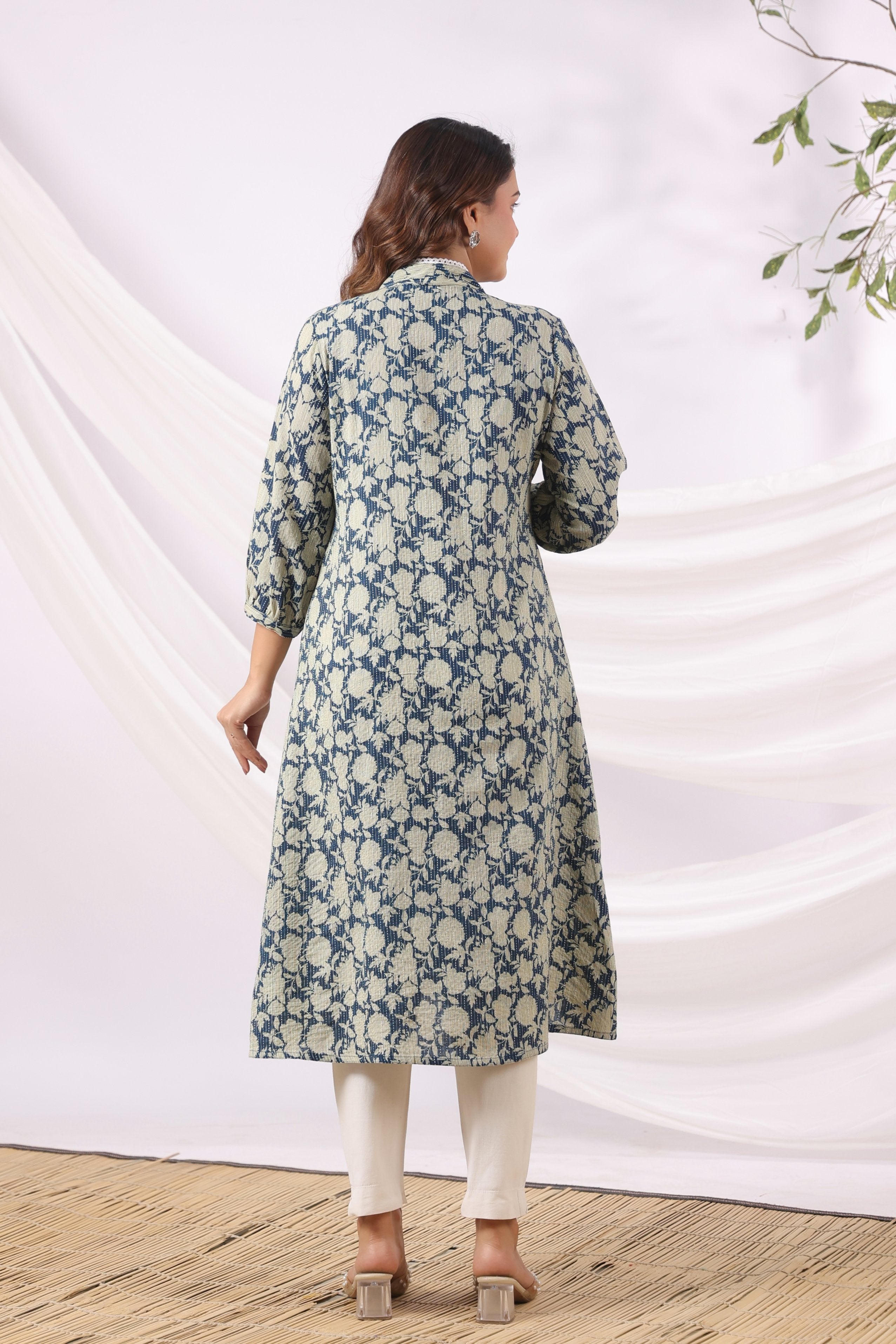Indigo Phool Kantha Cotton Maternity - Nursing Kurta