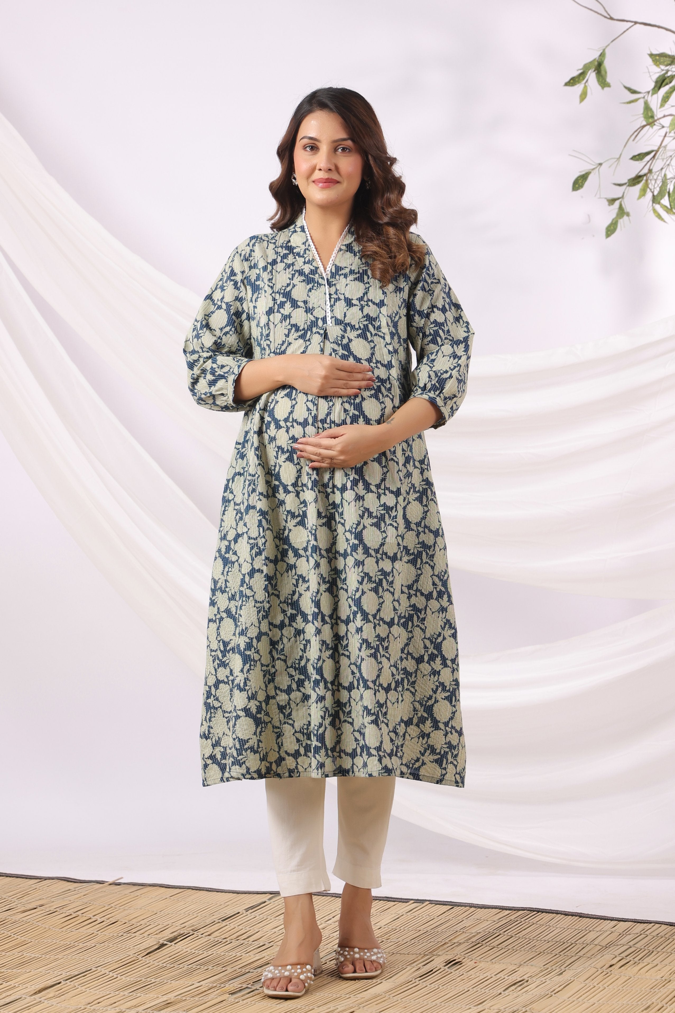 Indigo Phool Kantha Cotton Maternity - Nursing Kurta