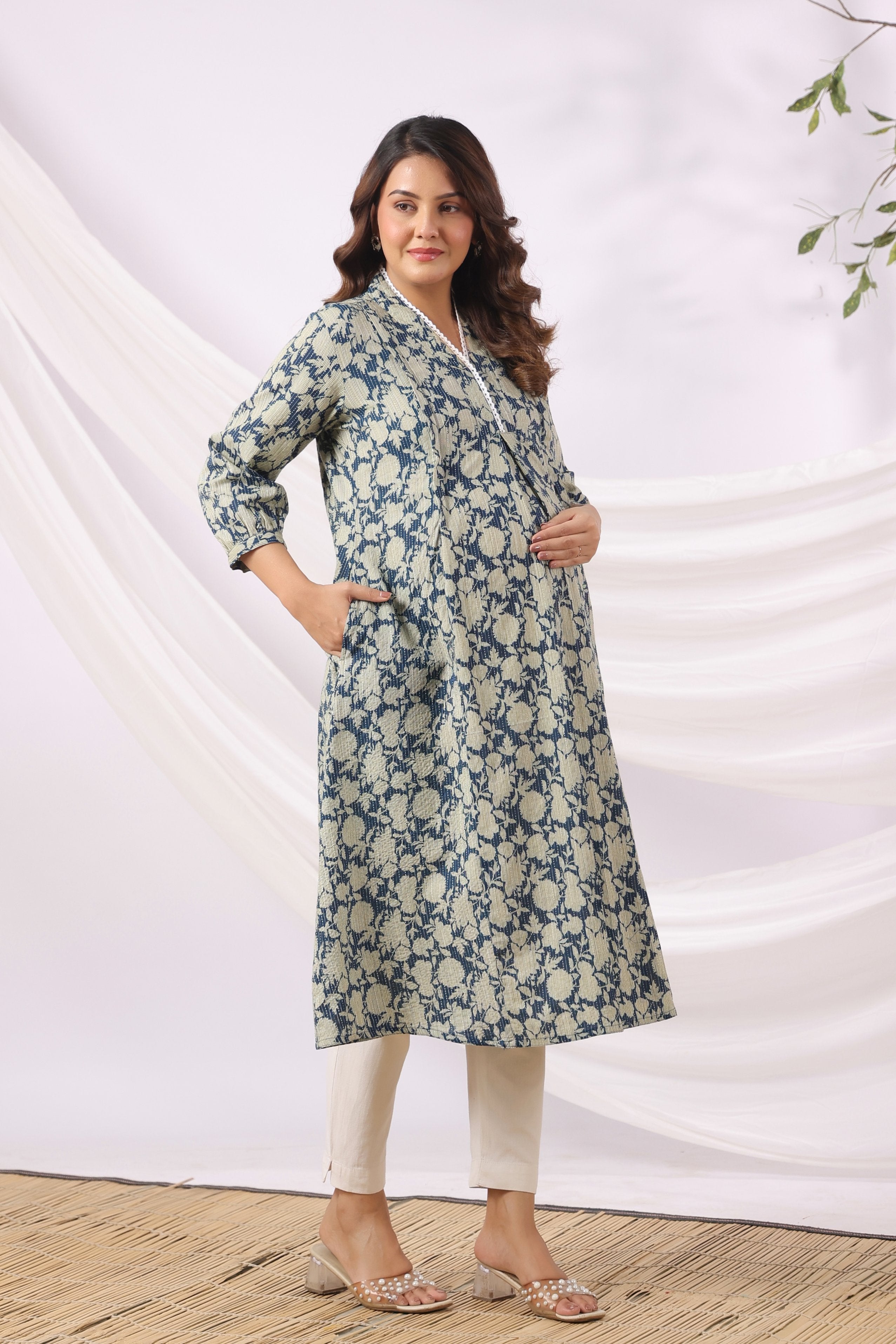 Indigo Phool Kantha Cotton Maternity - Nursing Kurta