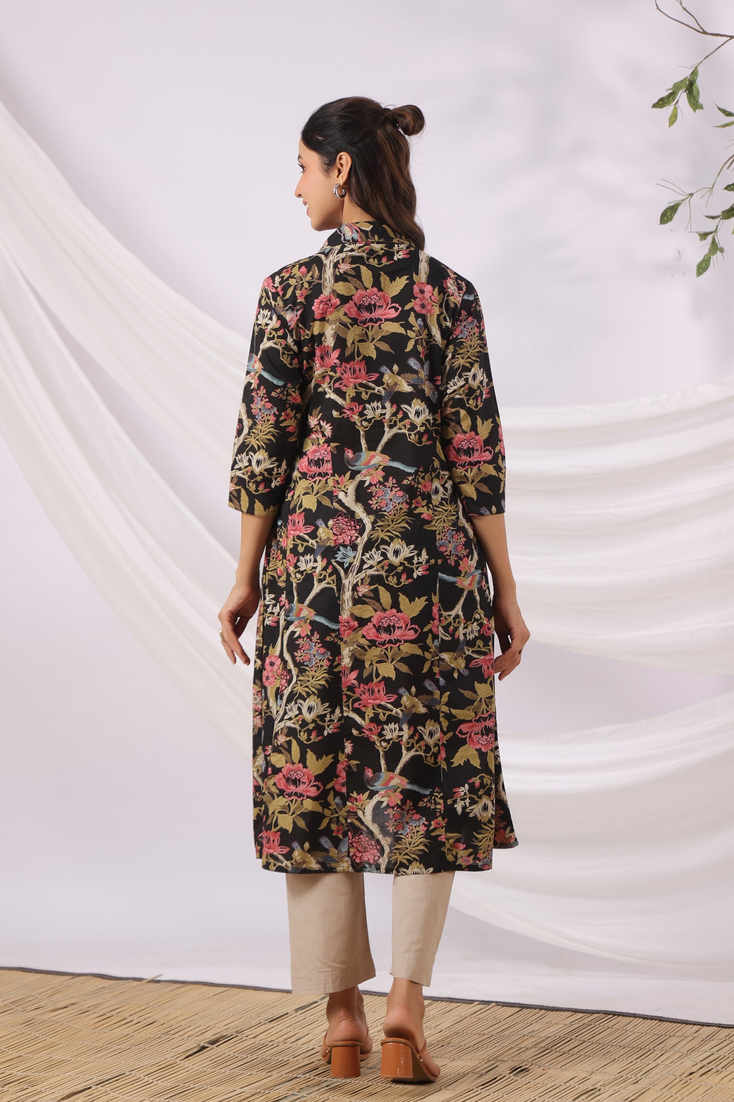 Twilight Garden Birds Cotton Maternity - Nursing Kurta