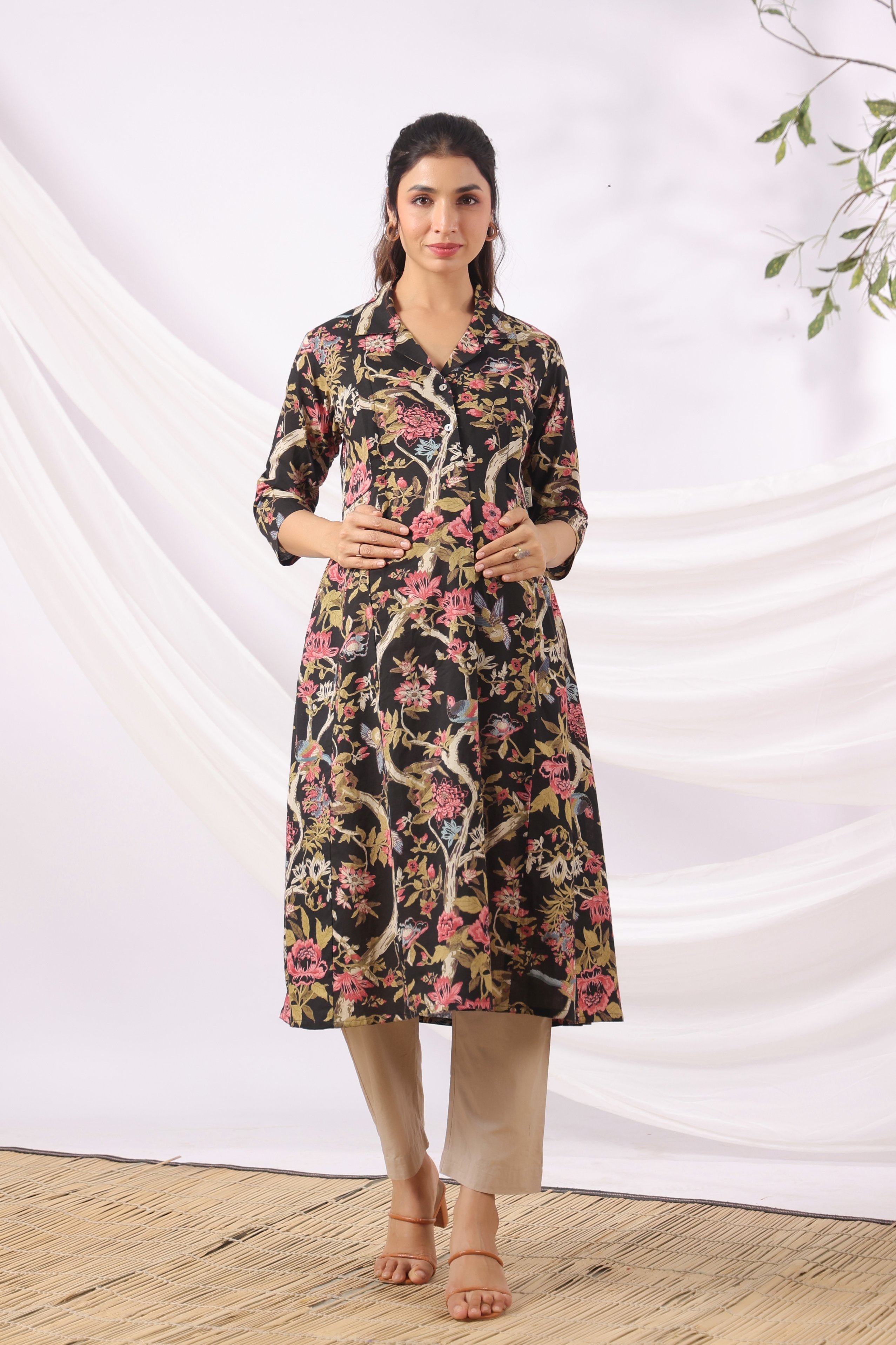 Twilight Garden Birds Cotton Maternity - Nursing Kurta