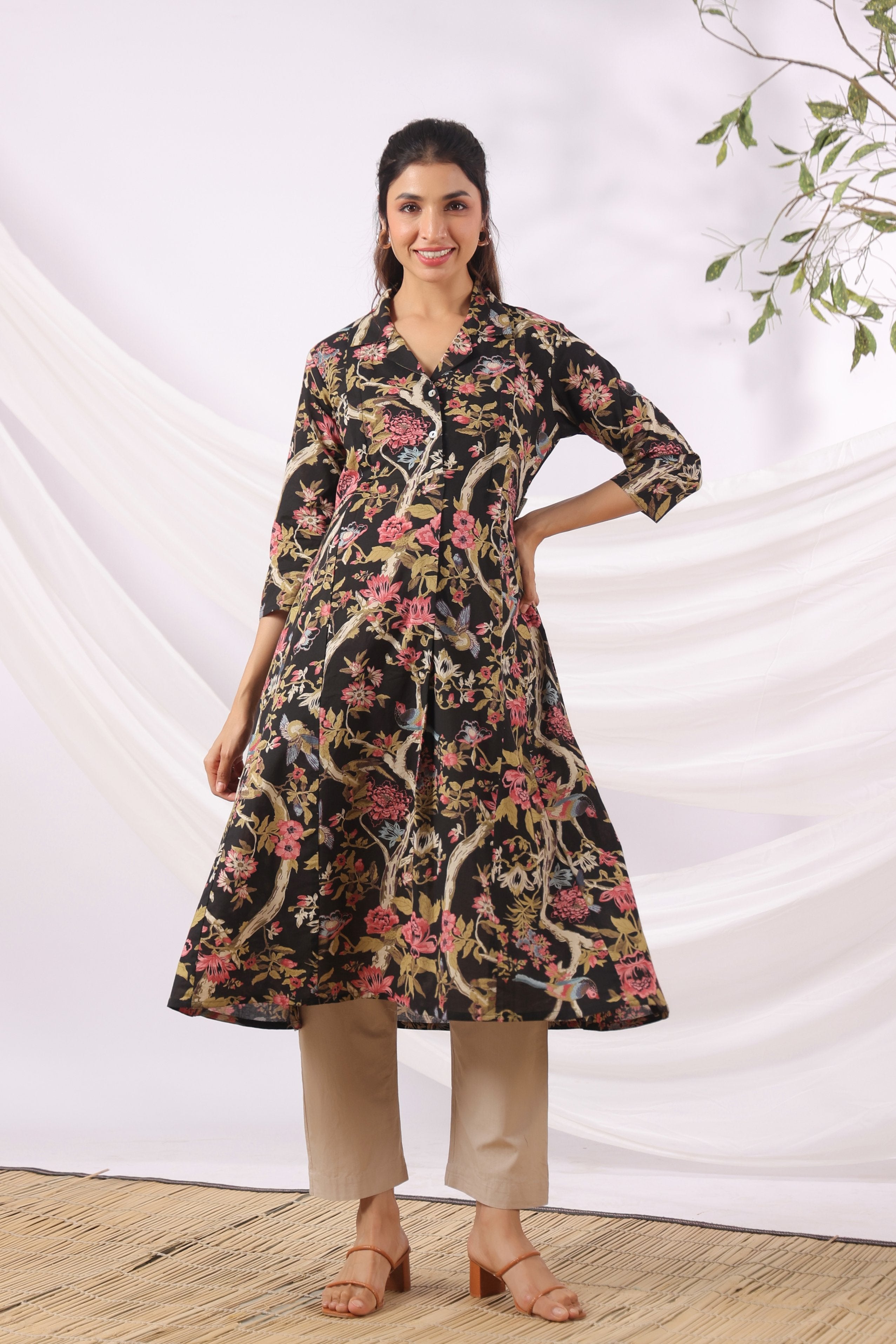 Twilight Garden Birds Cotton Maternity - Nursing Kurta