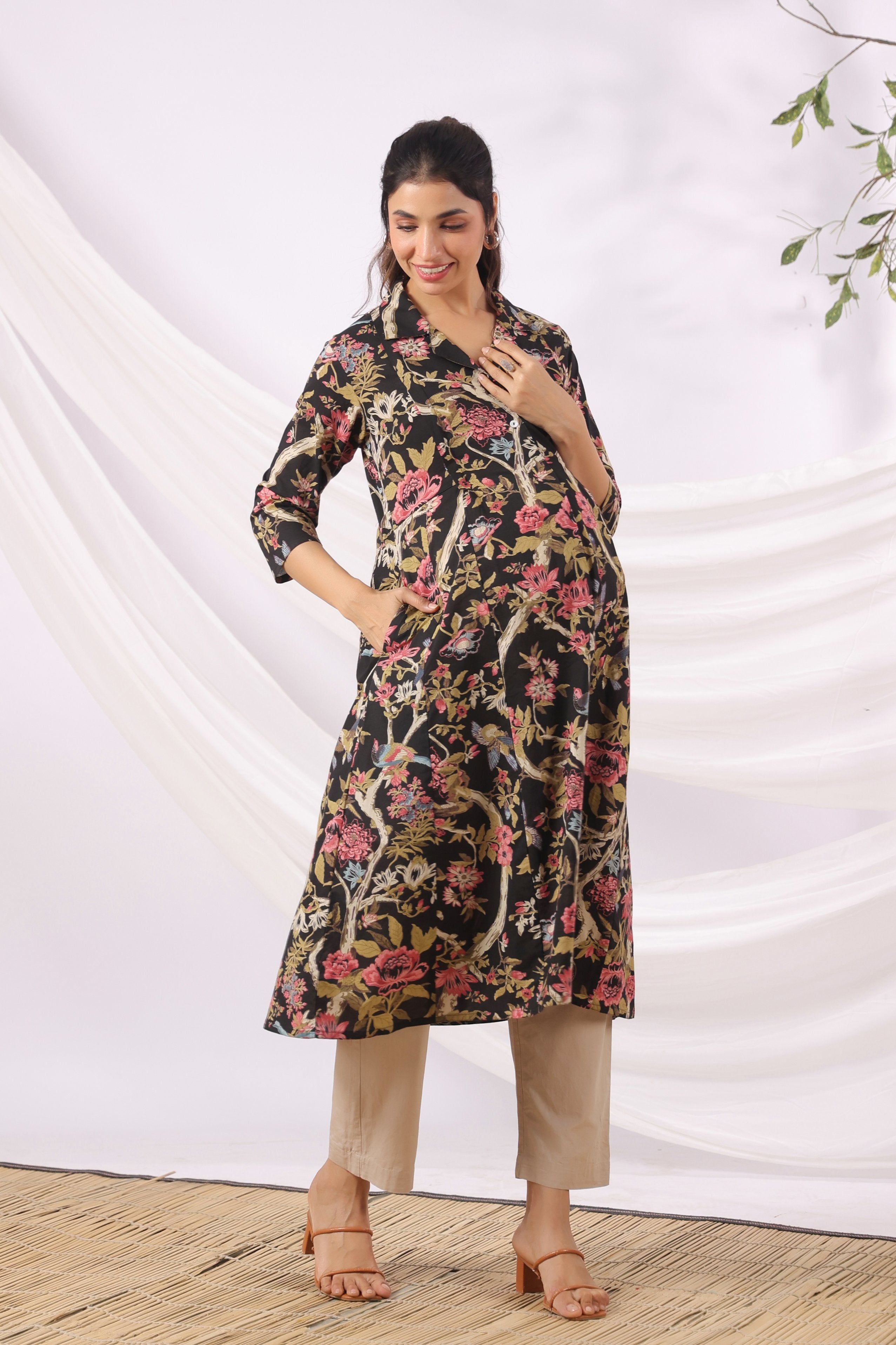 Twilight Garden Birds Cotton Maternity - Nursing Kurta