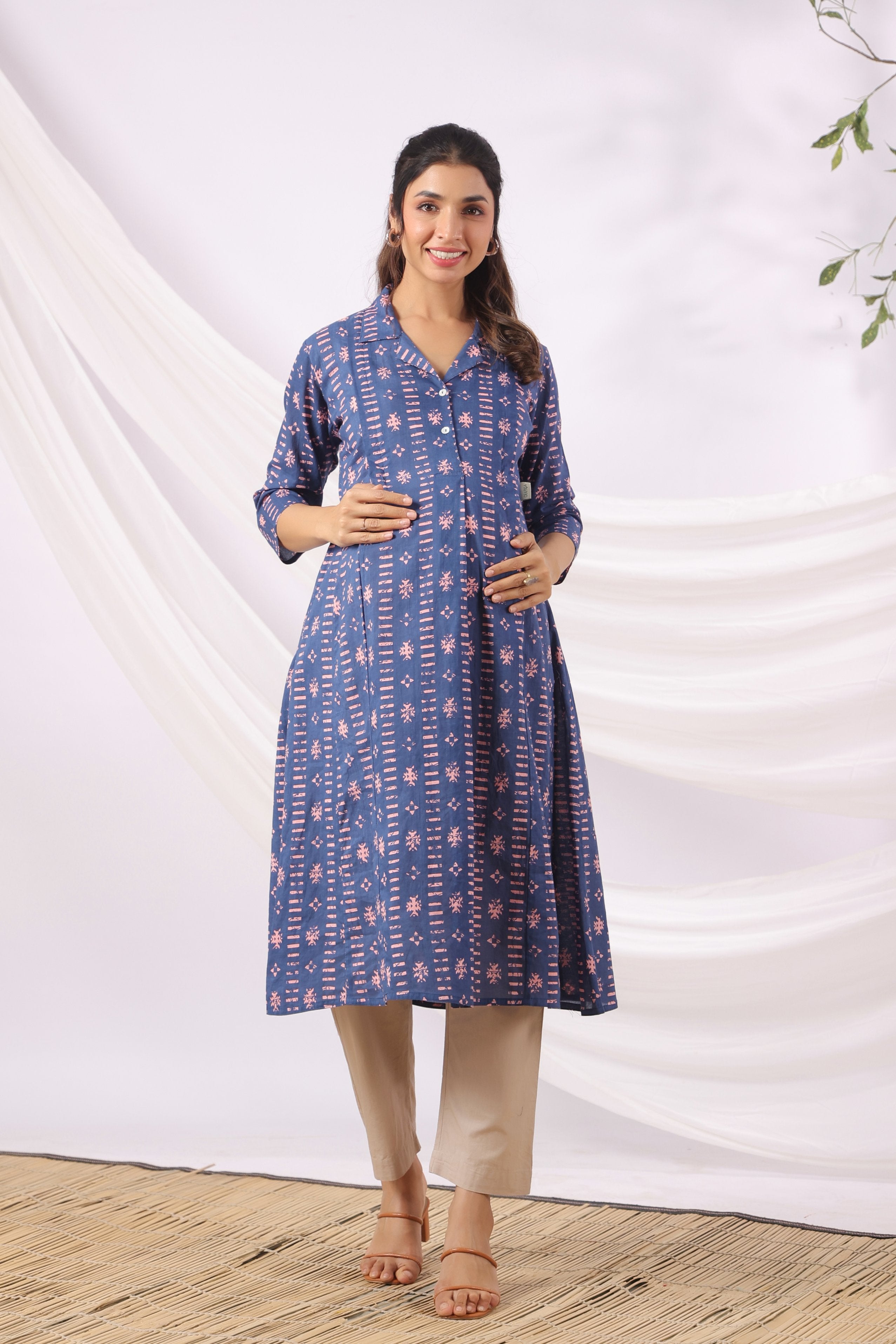 Indigo Art Marks Cotton Maternity - Nursing Kurta