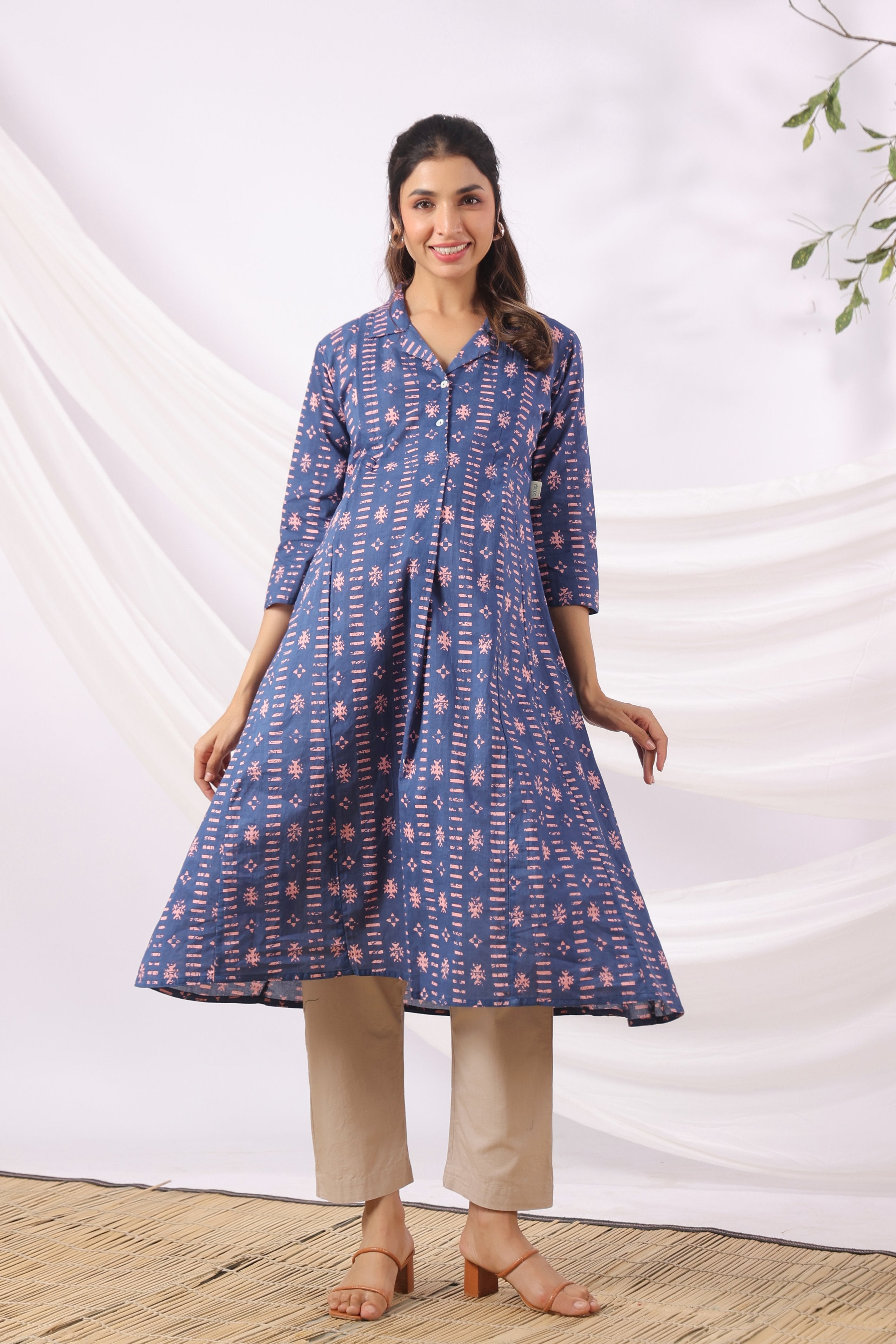 Indigo Art Marks Cotton Maternity - Nursing Kurta