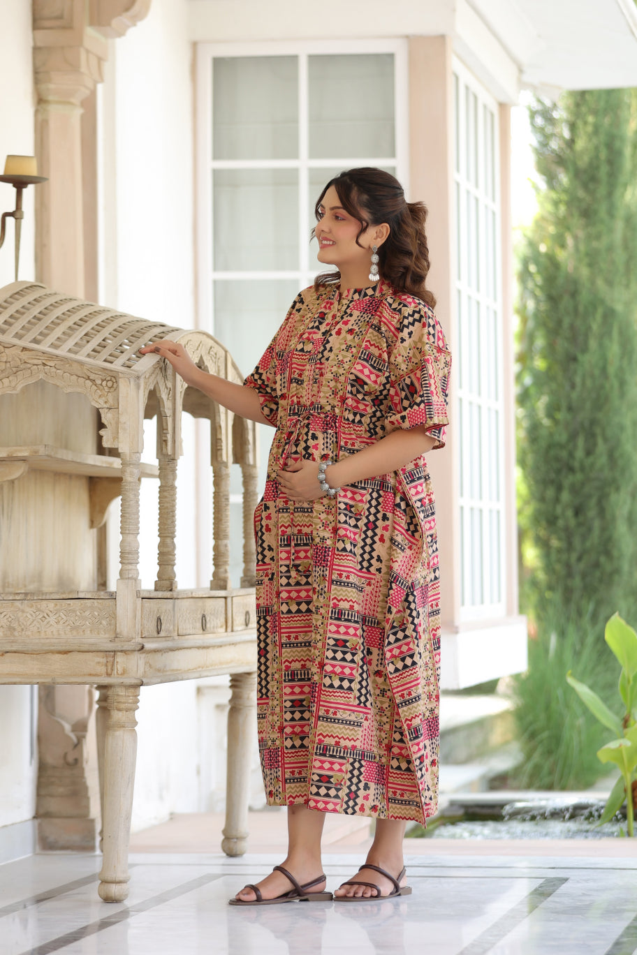 Boho Mosaic Cotton Maternity - Nursing Kaftan ( One-Size )