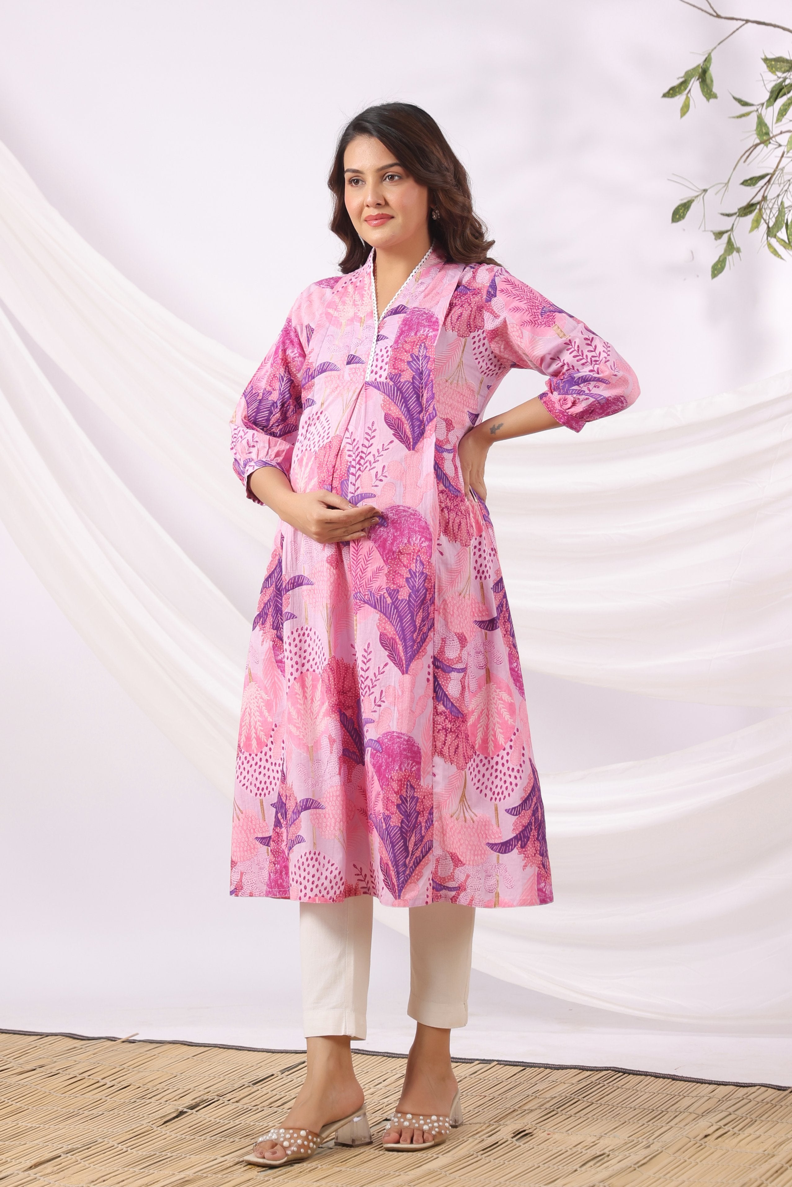 Lavender Bloom Garden Cotton Maternity - Nursing Kurta