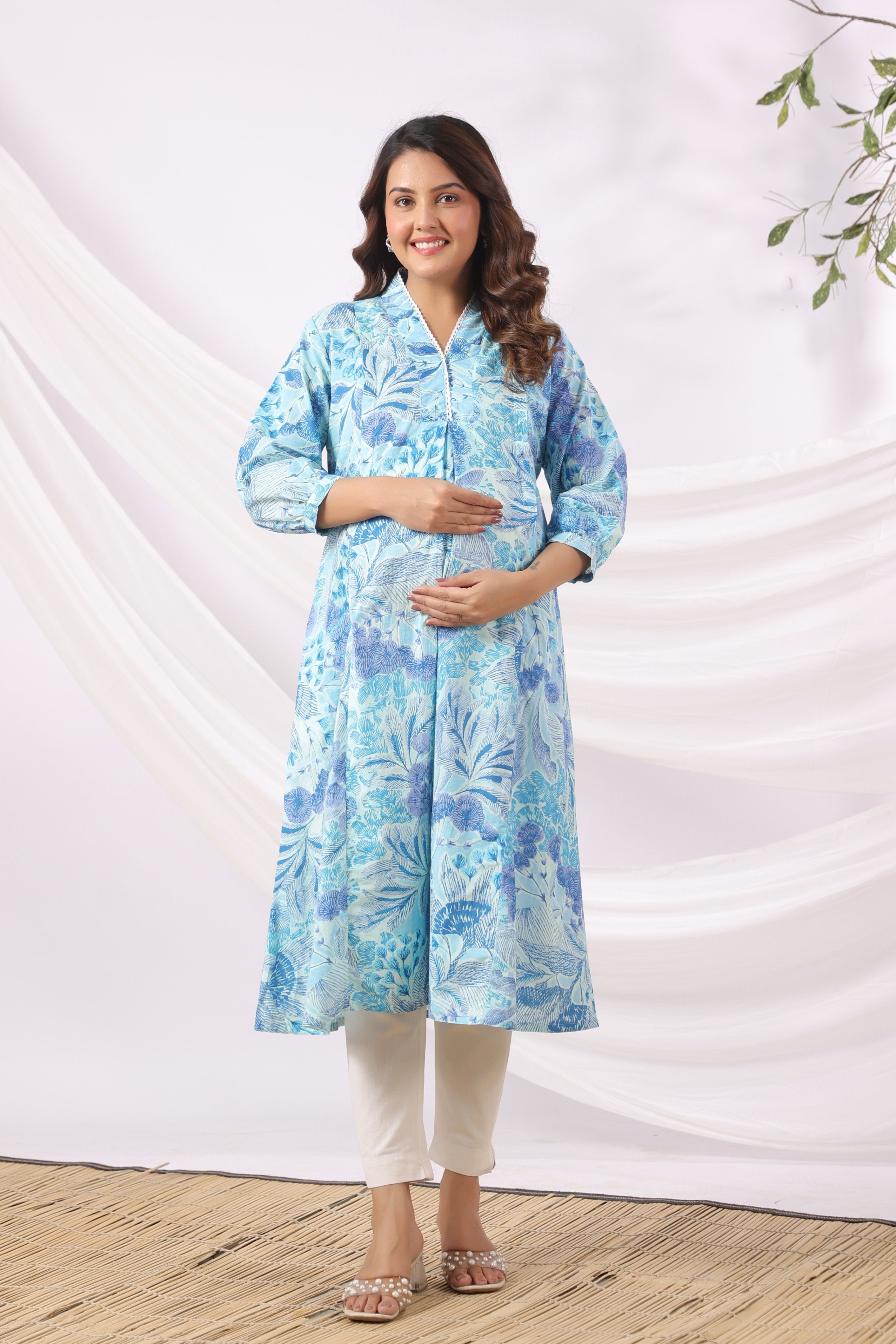 Ocean Petal Sketch Cotton Maternity - Nursing Kurta