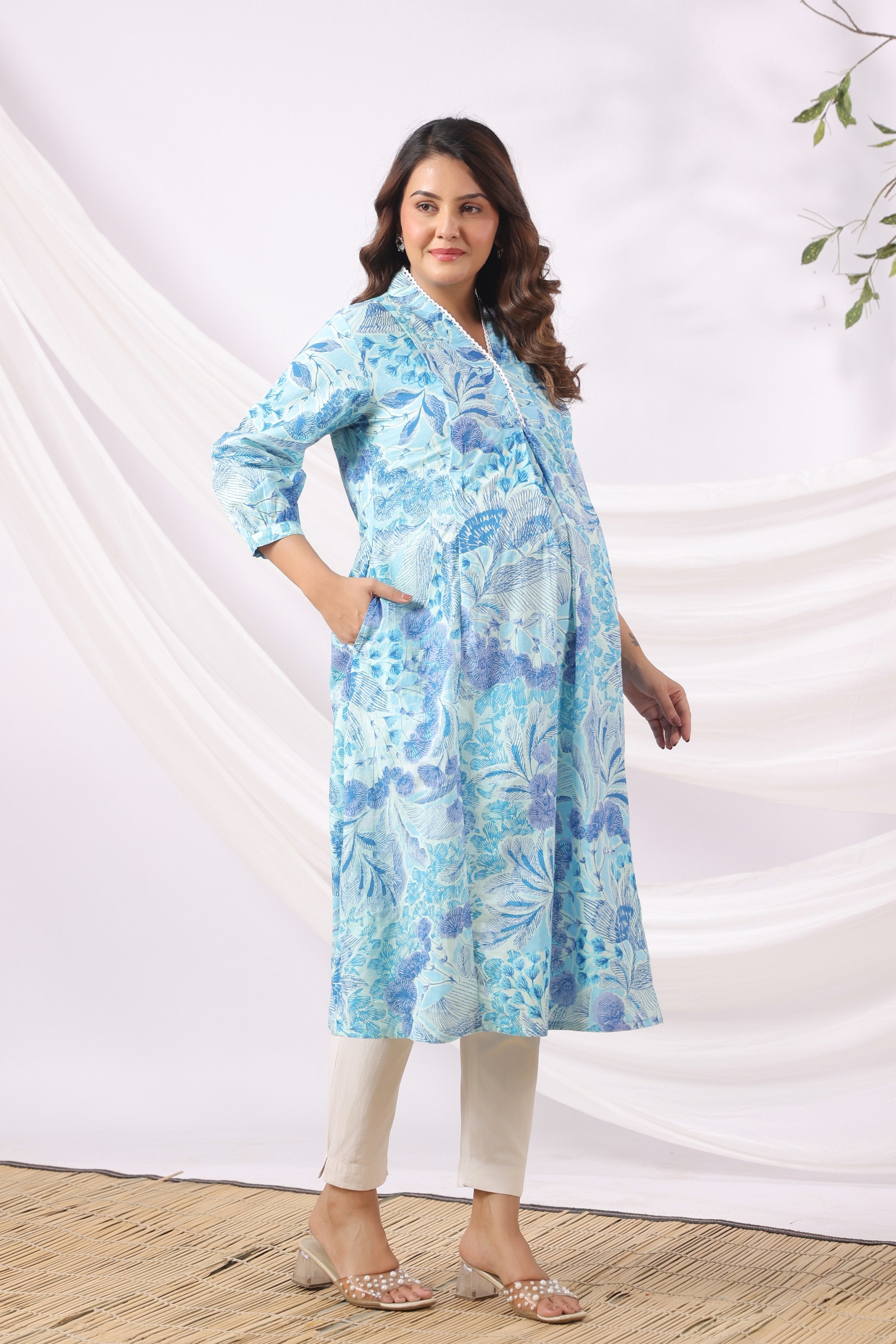 Ocean Petal Sketch Cotton Maternity - Nursing Kurta