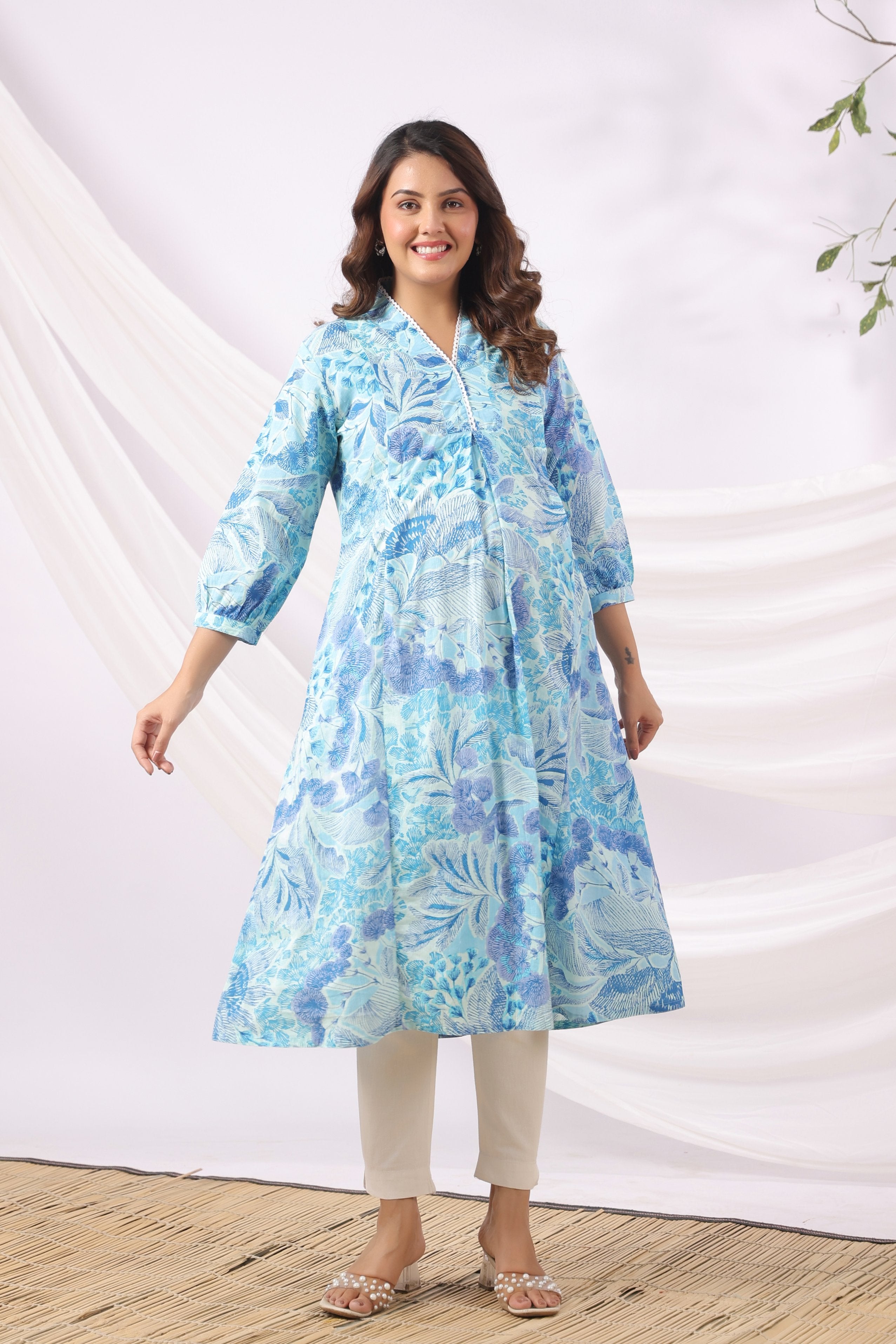 Ocean Petal Sketch Cotton Maternity - Nursing Kurta