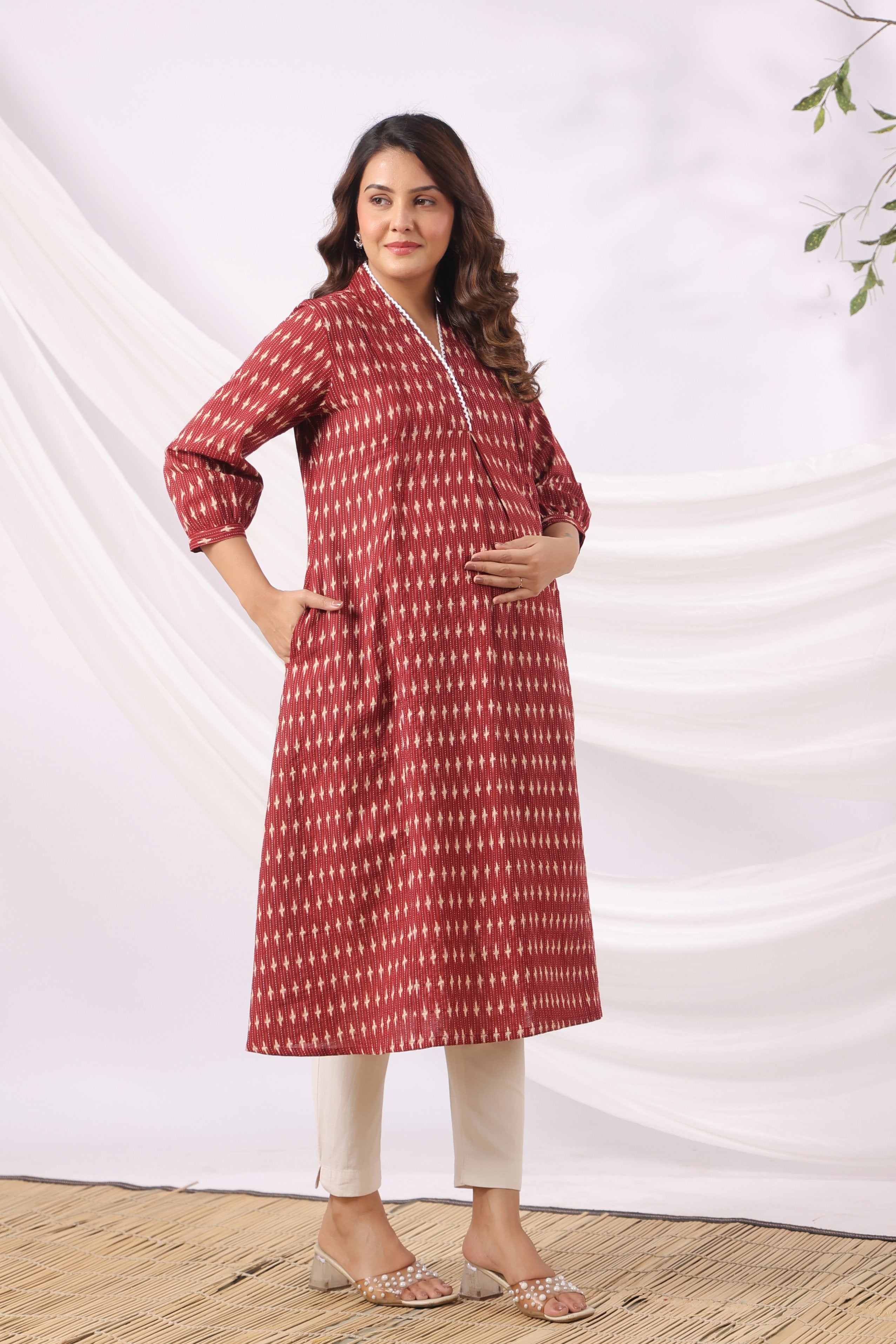 Maroon Micro Ikat Cotton Maternity - Nursing Kurta