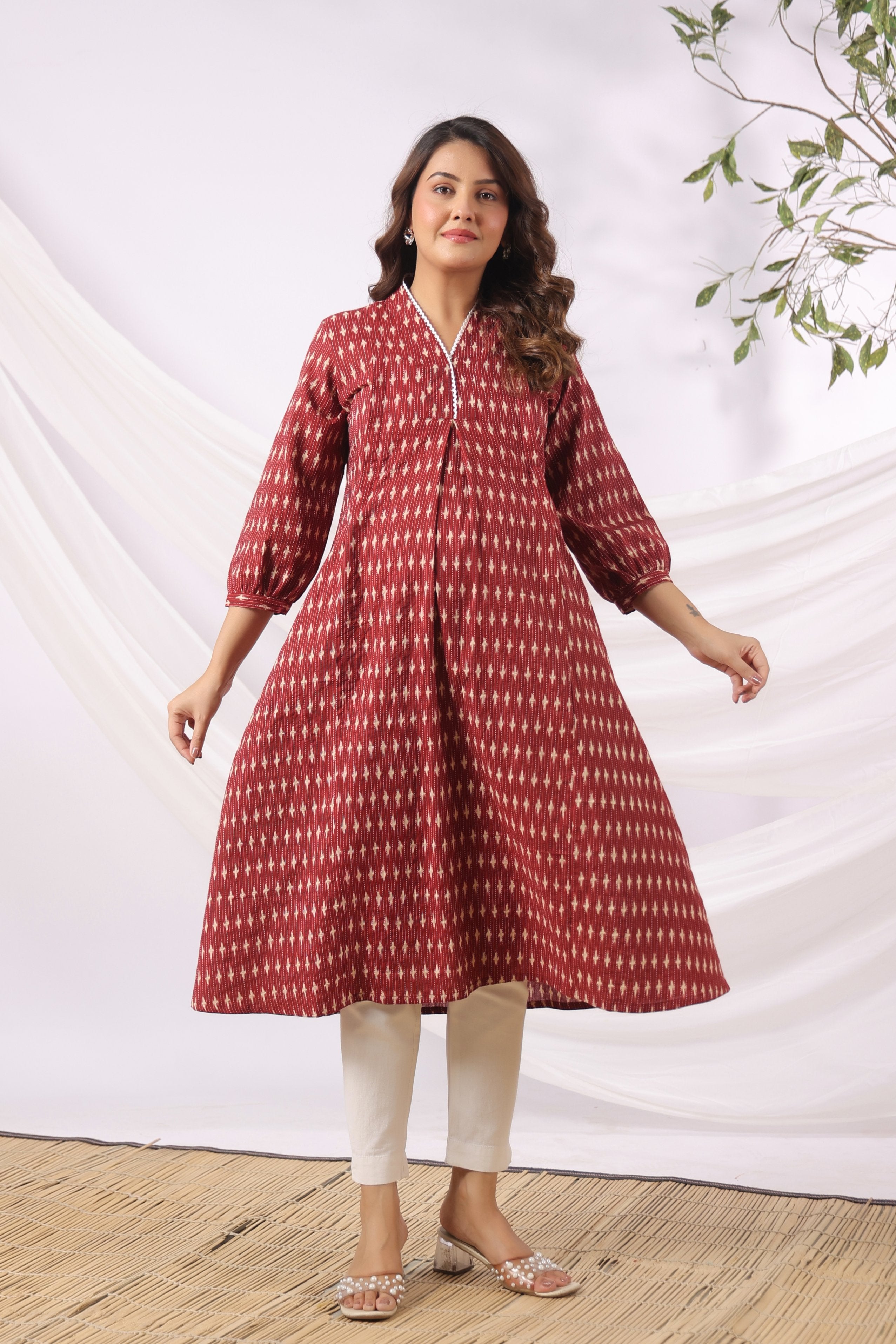 Maroon Micro Ikat Cotton Maternity - Nursing Kurta