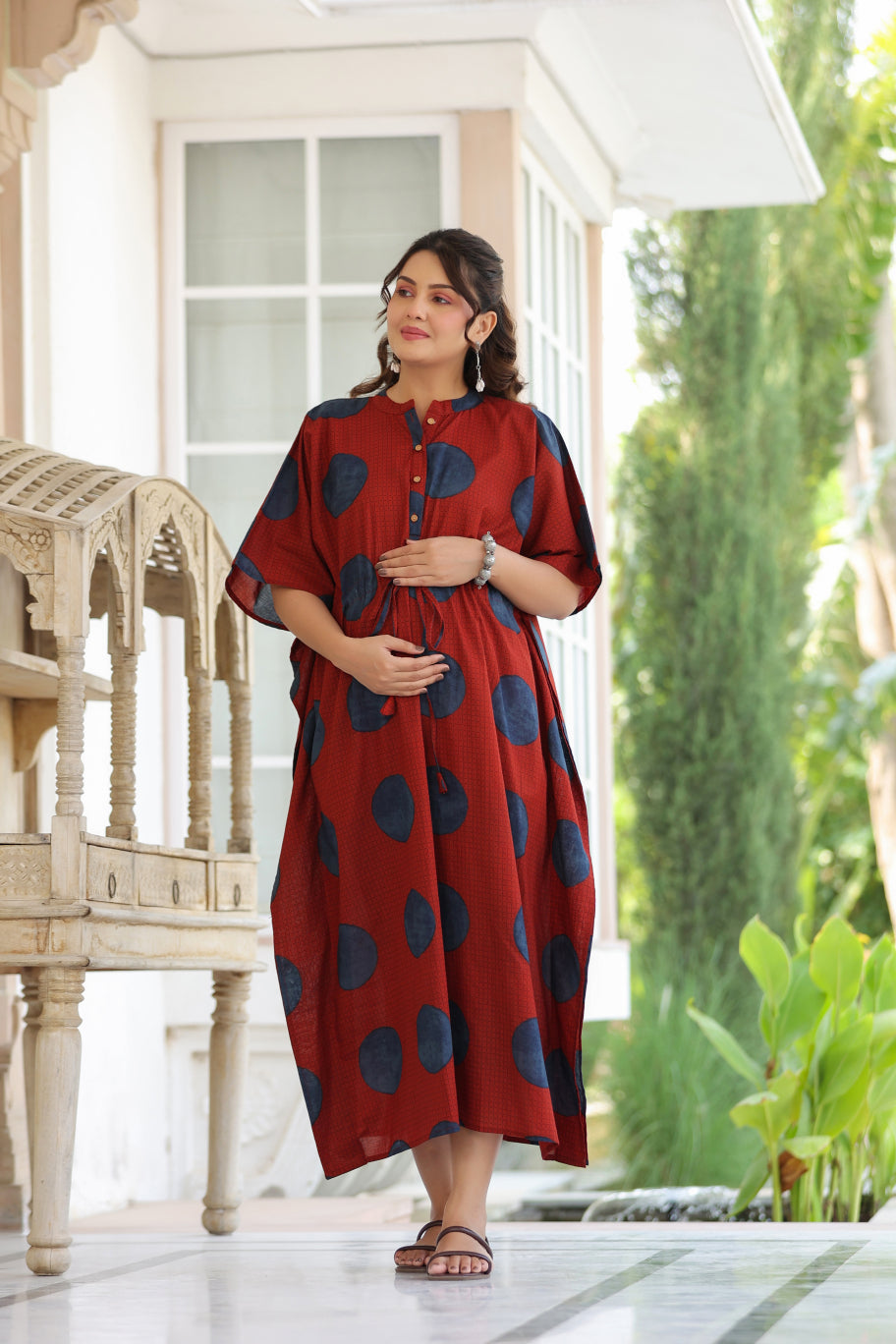 Terracotta Pebble Cotton Maternity - Nursing Kaftan ( One-Size )